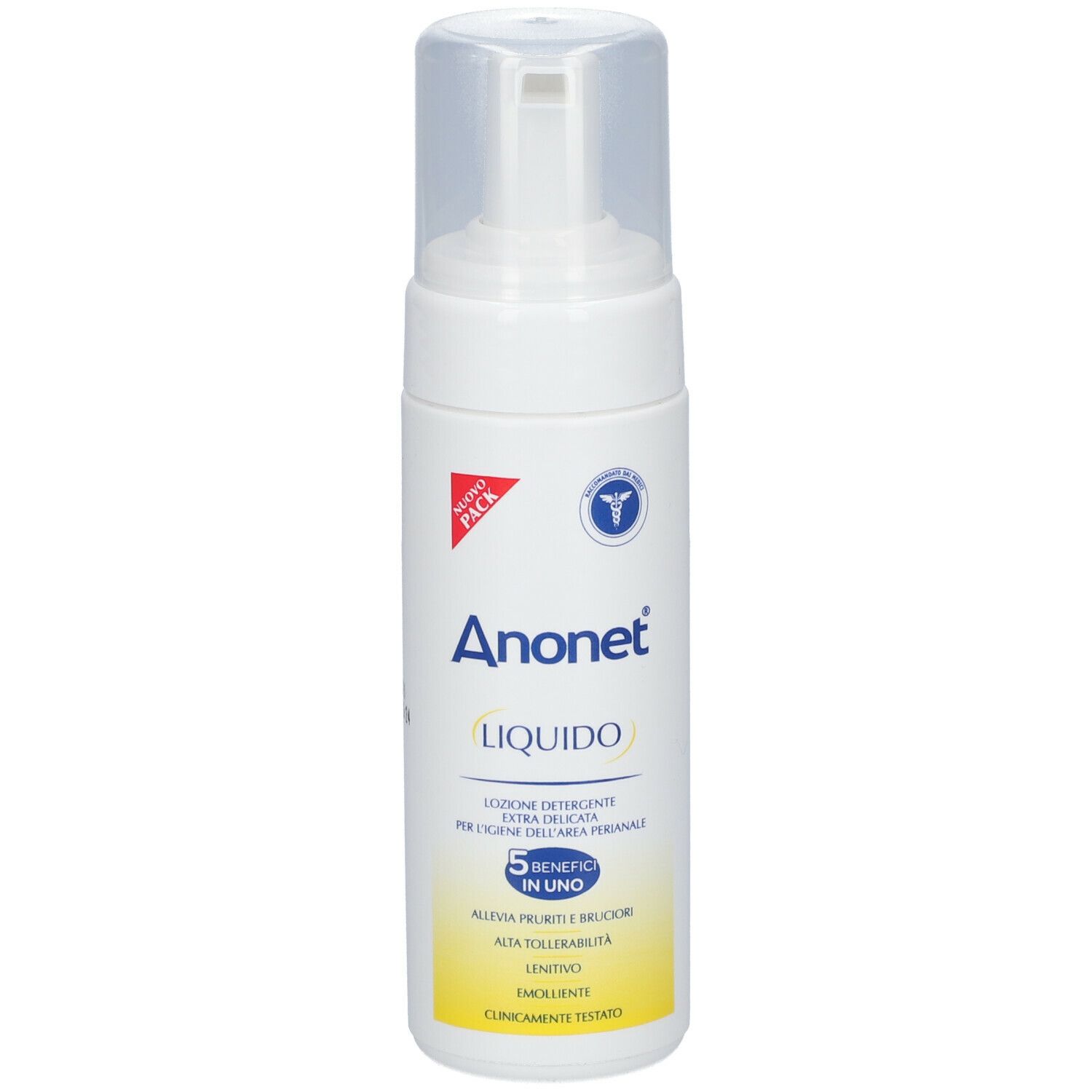Flacone bianco con erogatore a spruzzo. Scritta: Anonet Liquido. Contiene 5 benefici. Clinicamente testato.