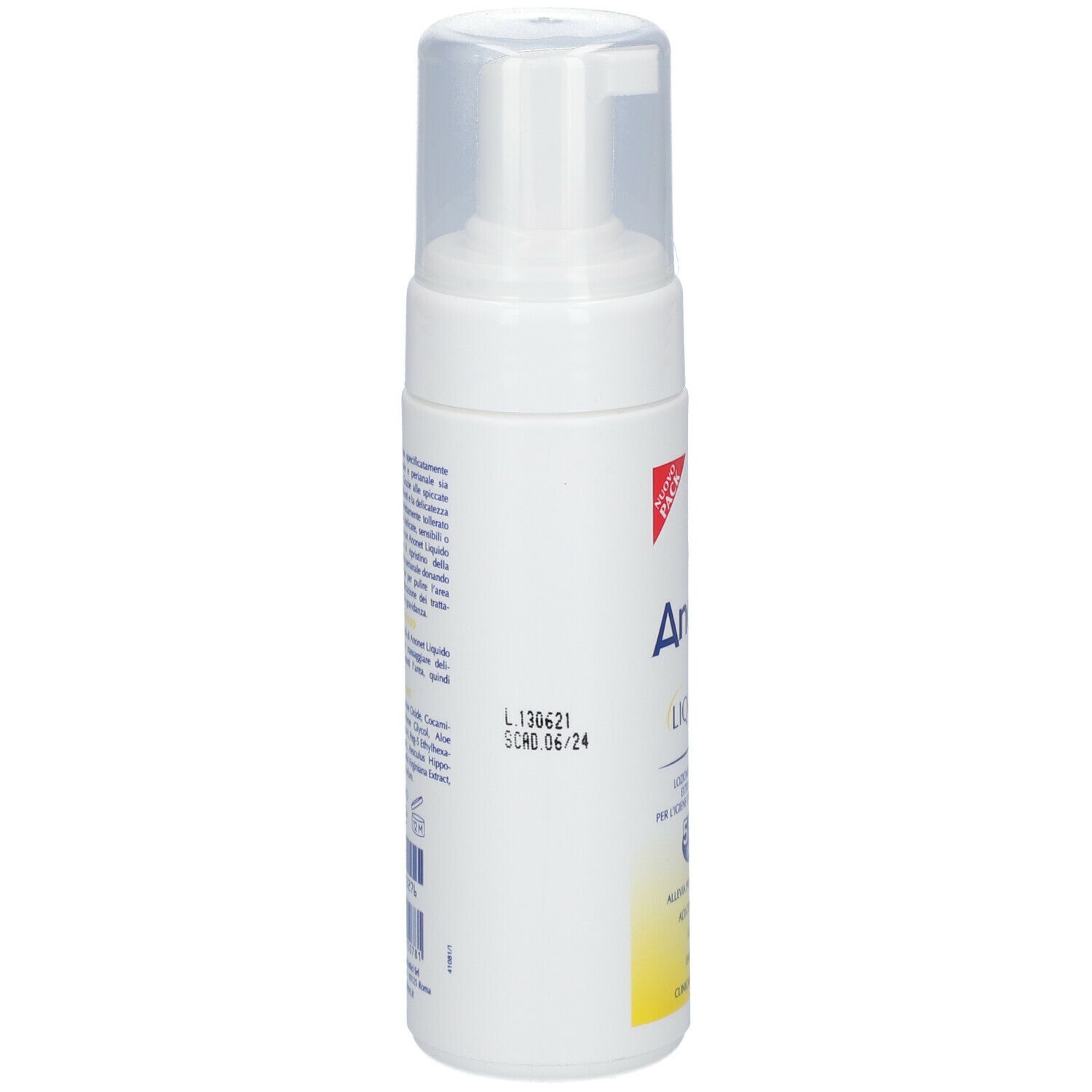 Flacone bianco con erogatore a spruzzo. Scritta: Anonet Liquido. Informazioni e codici sul lato.