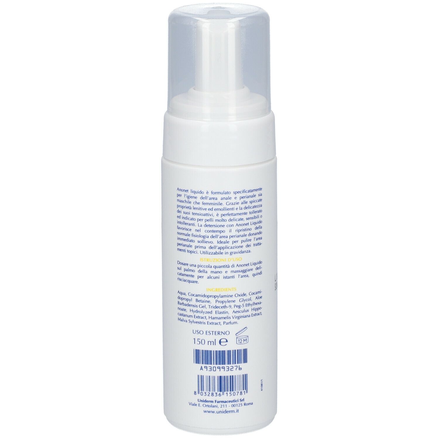 Flacone bianco con erogatore a spruzzo. Retro con informazioni e ingredienti. 150 ml.