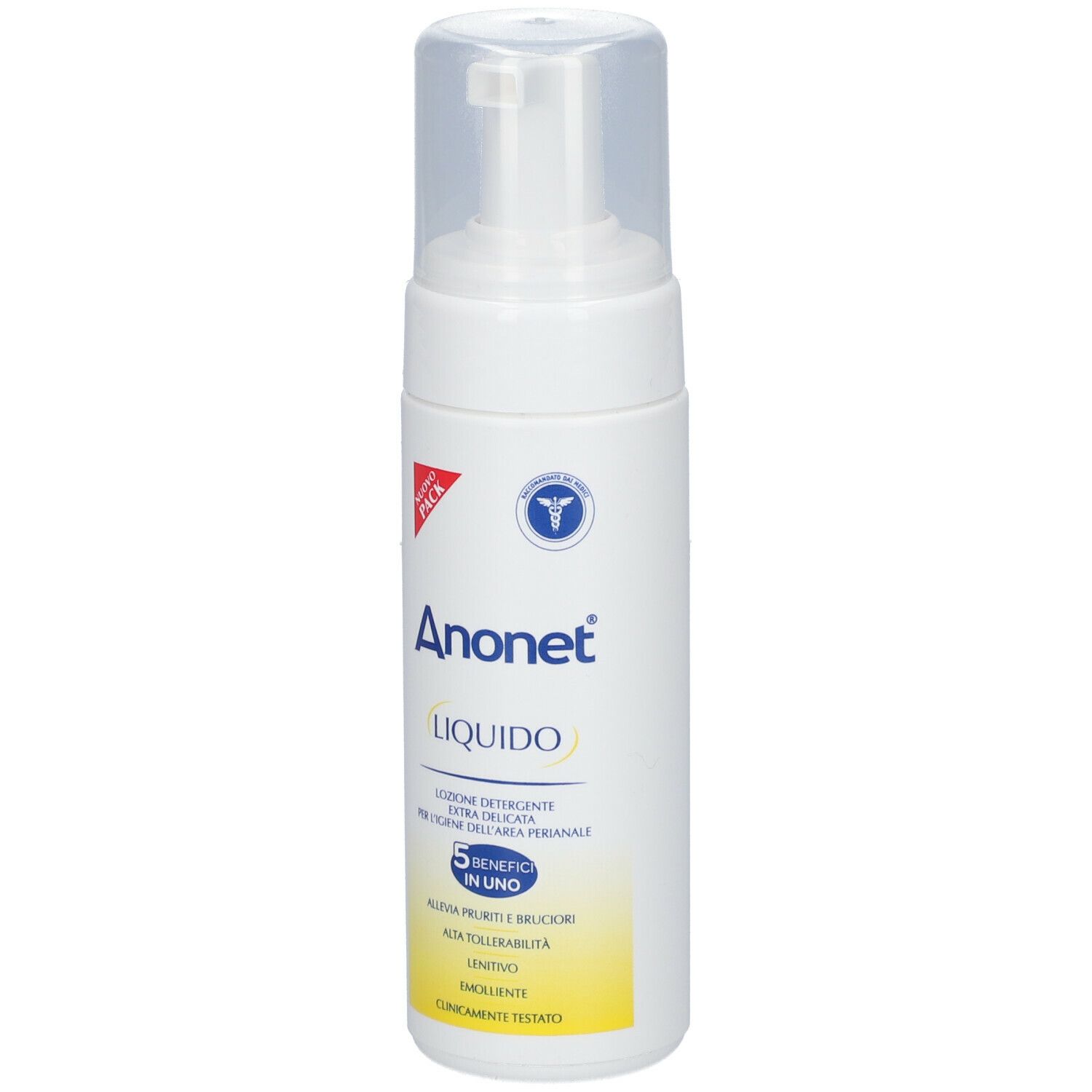 Flacone bianco con erogatore a spruzzo. Scritta: Anonet Liquido. Contiene 5 benefici. Clinicamente testato.