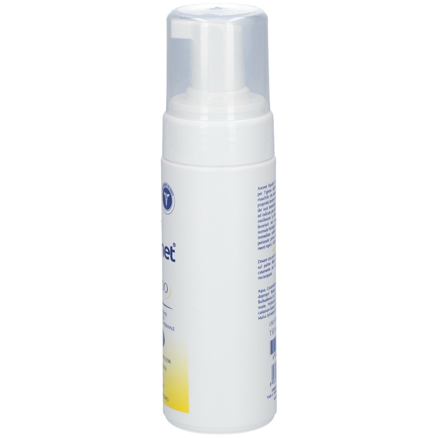 Flacone bianco con erogatore a spruzzo. Scritta: Anonet Liquido. Lato con informazioni prodotto.
