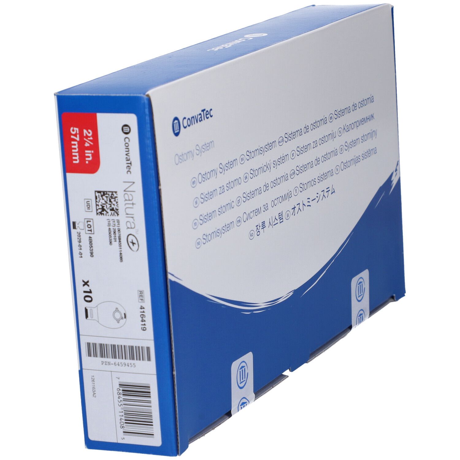 Confezione con prodotto Convatec Natura+. Contiene 10 pezzi, 57mm, 2 1/4 pollici. Con codice a barre e lotto.