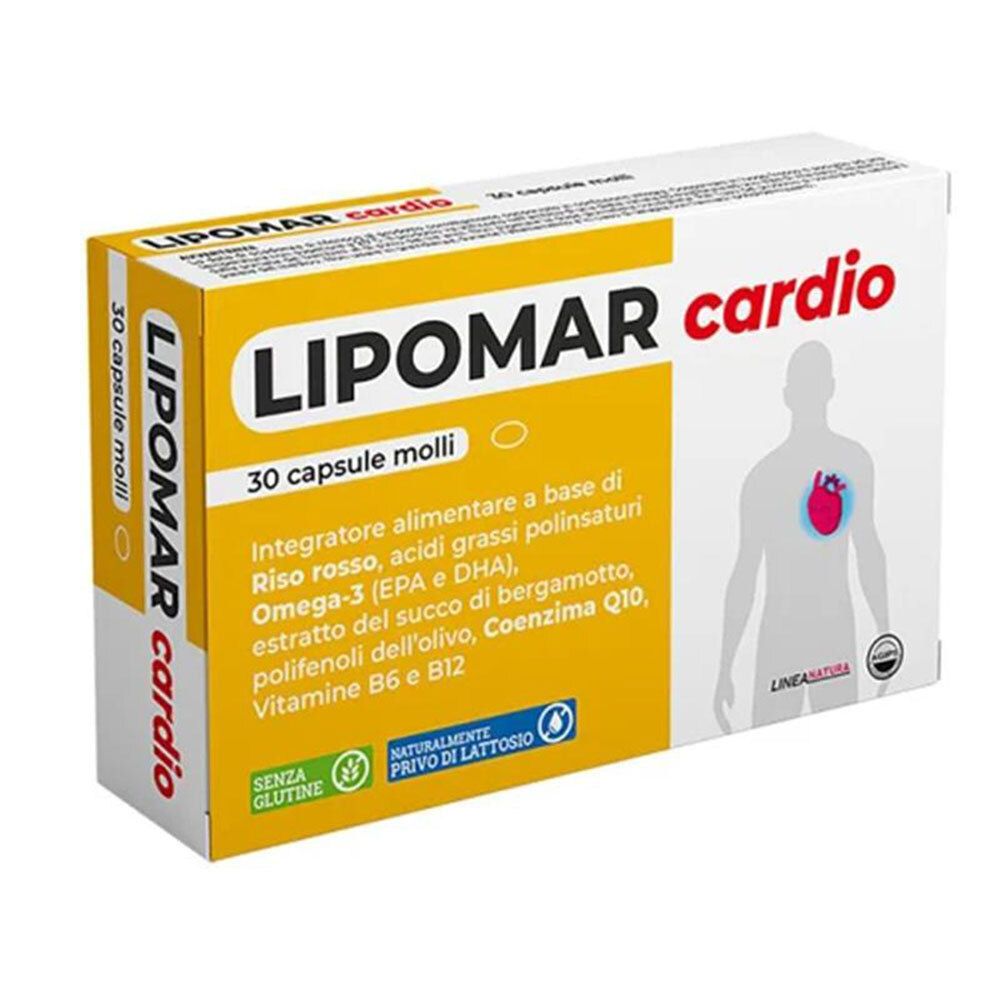 Scatola gialla "LIPOMAR cardio" con 30 capsule. Contiene ingredienti come Omega-3 e vitamina B6.