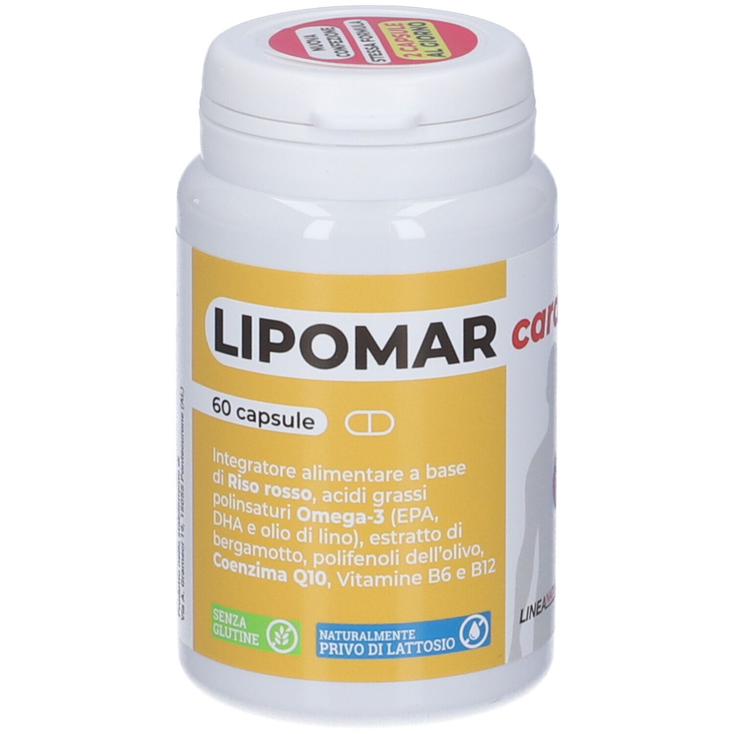 Flacone bianco "LIPOMAR cardio" con 60 capsule. Contiene Omega-3, vitamina B6 e altri ingredienti.