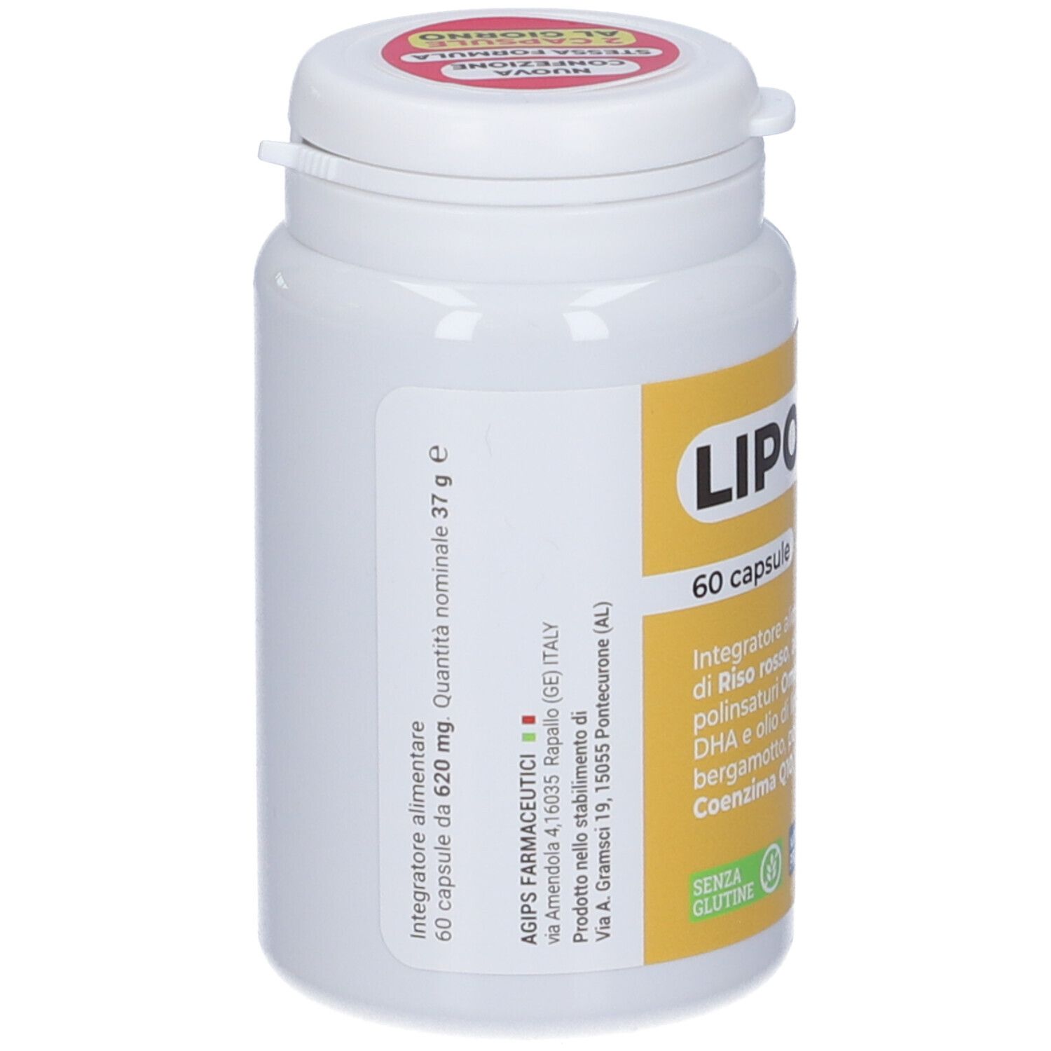 Flacone bianco "LIPOMAR cardio" con 60 capsule. Informazioni sugli ingredienti e il produttore.