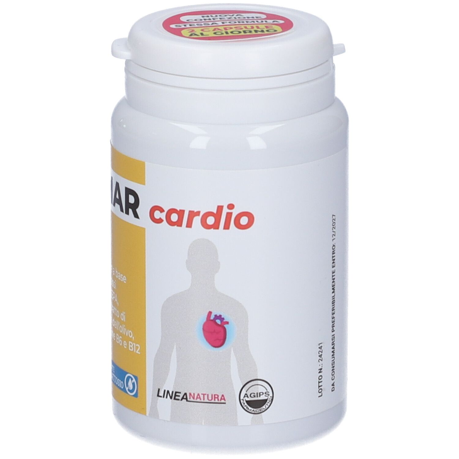 Flacone bianco "LIPOMAR cardio" con 60 capsule. Illustrazione di un cuore sulla confezione.