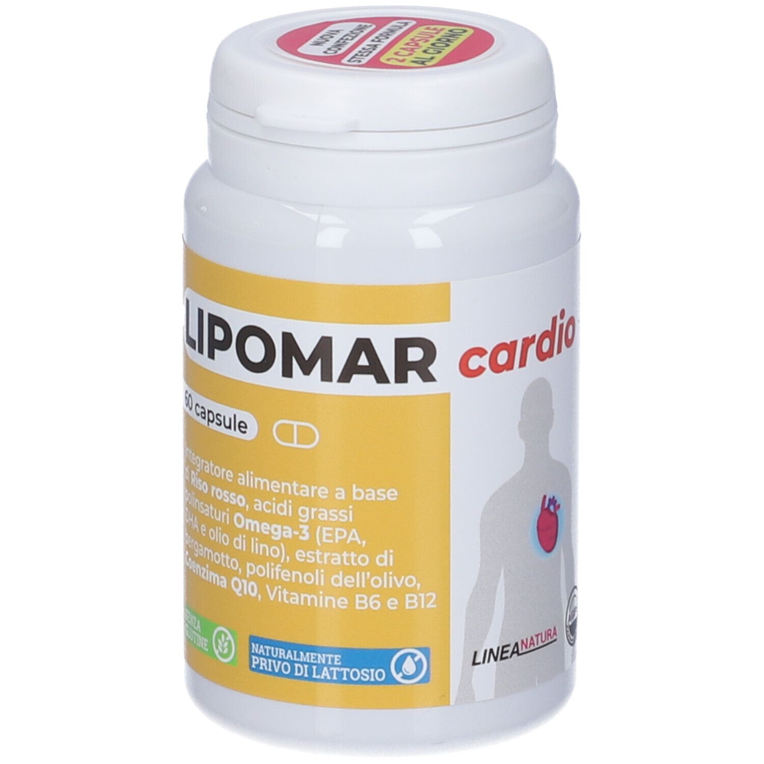 Flacone bianco "LIPOMAR cardio" con 60 capsule. Contiene Omega-3, vitamina B6 e altri ingredienti.
