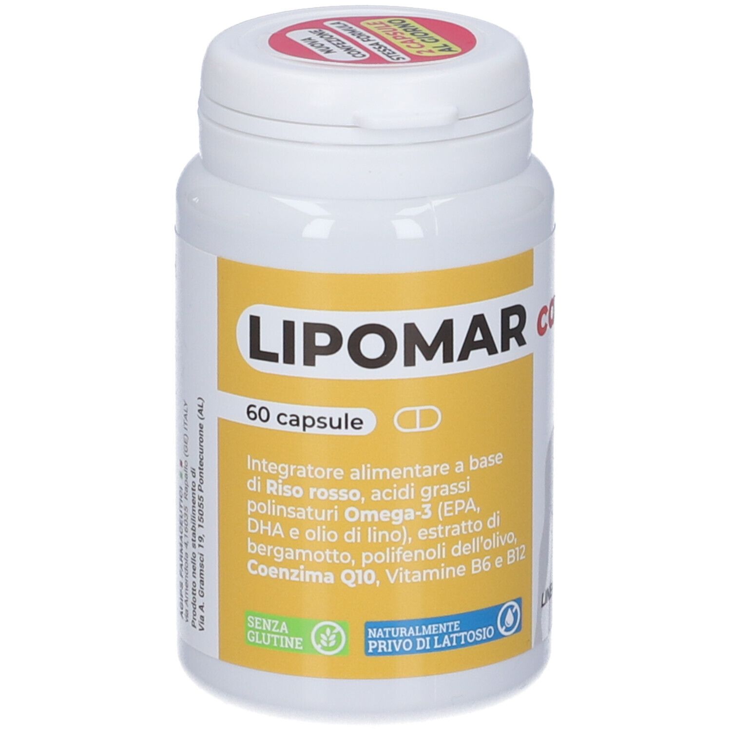 Flacone bianco "LIPOMAR cardio" con 60 capsule. Contiene Omega-3, vitamina B6 e altri ingredienti.