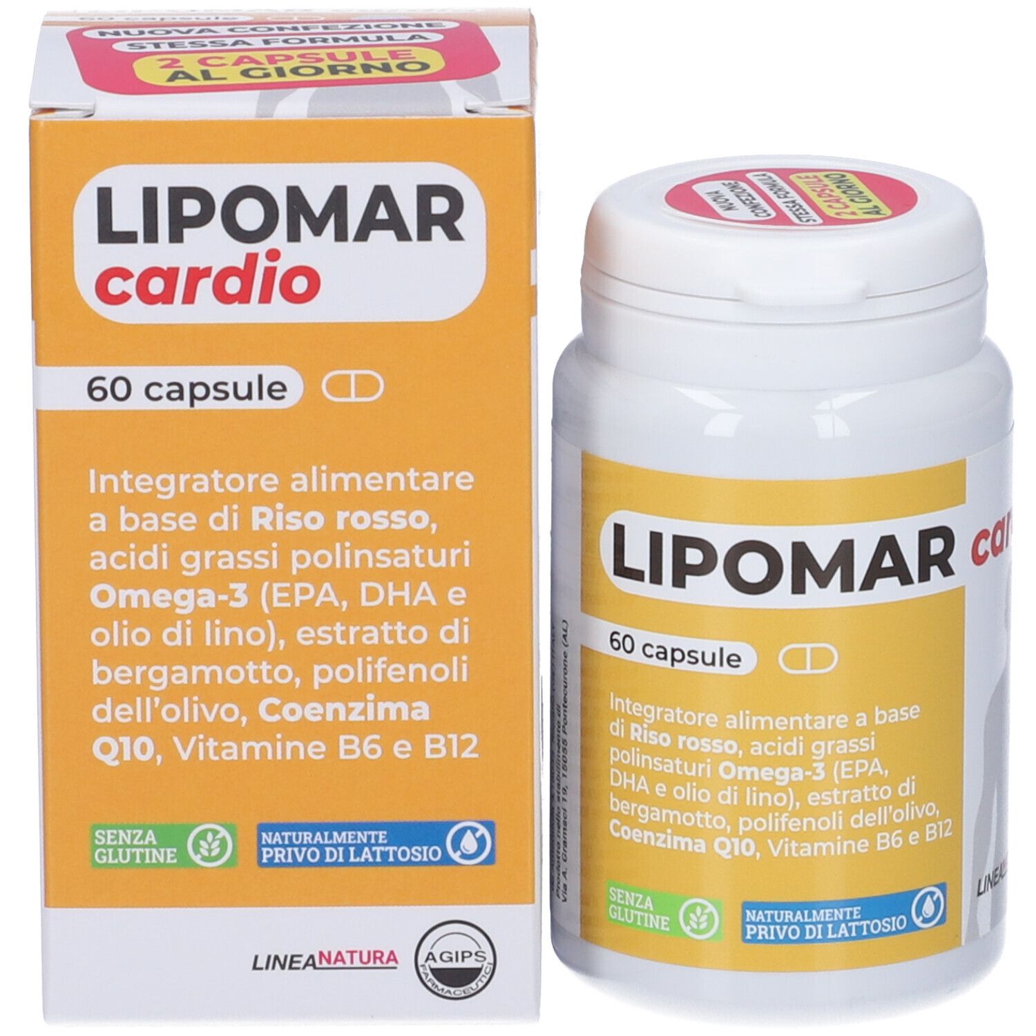 Confezione del prodotto: Scatola gialla e flacone bianco "LIPOMAR cardio" con 60 capsule.