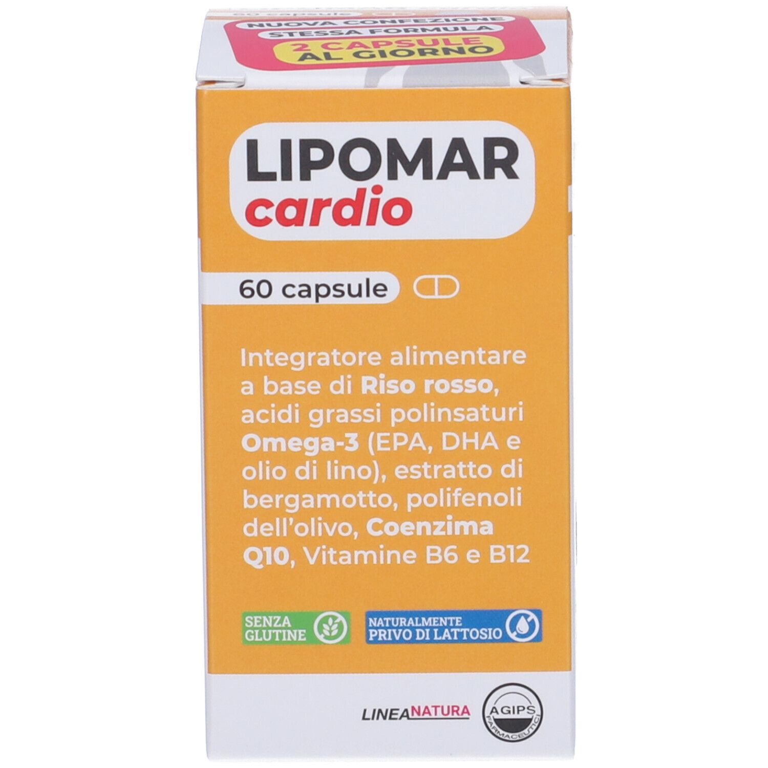 Scatola gialla "LIPOMAR cardio" con 60 capsule. Contiene Omega-3, vitamina B6 e altri ingredienti.