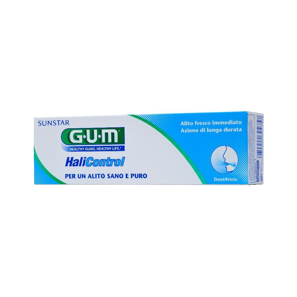 Tubo di dentifricio G.U.M. HaliControl. Confezione blu e bianca. Testo: Alito fresco immediato, Azione di lunga durata.