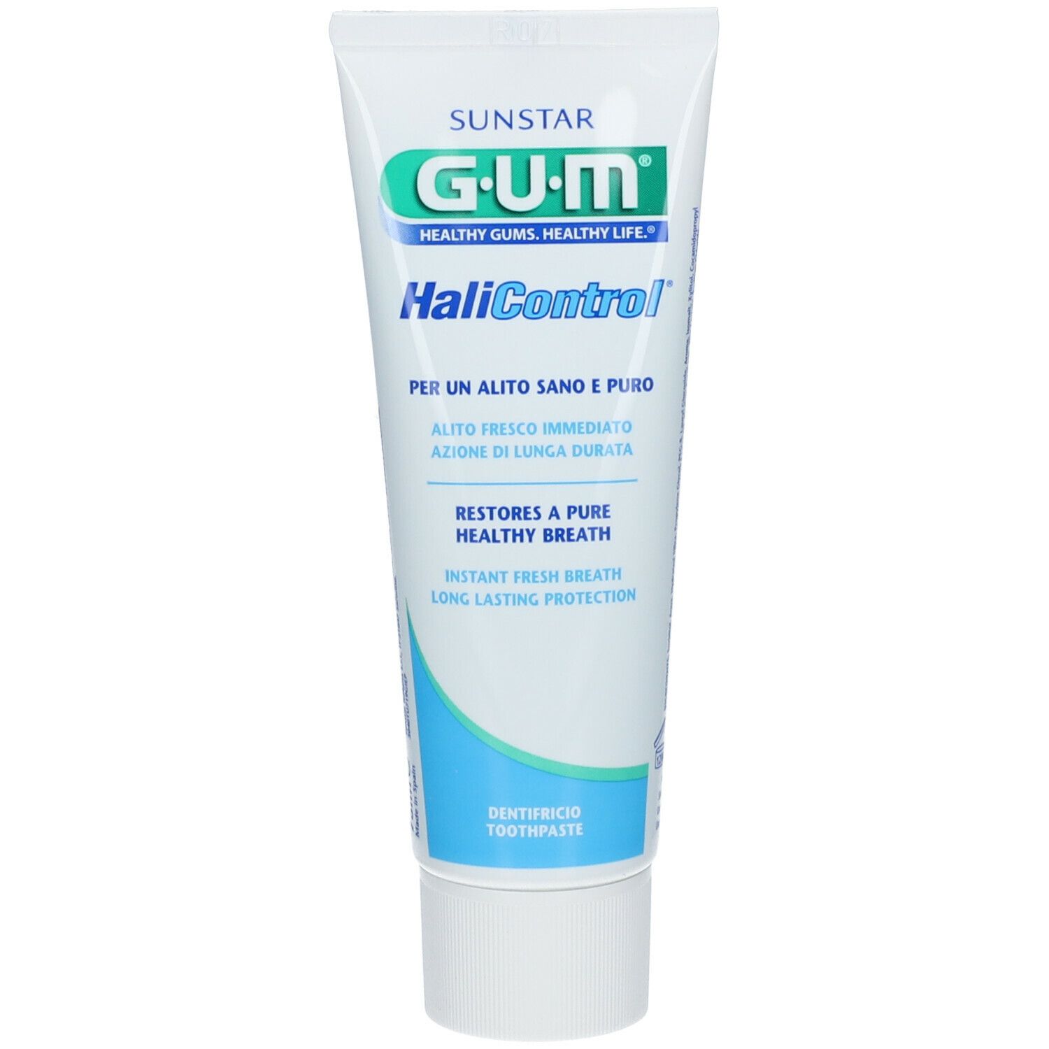 Tubo di dentifricio G.U.M. HaliControl. Bianco con dettagli blu. Testo: Restores a pure healthy breath, Instant fresh breath.