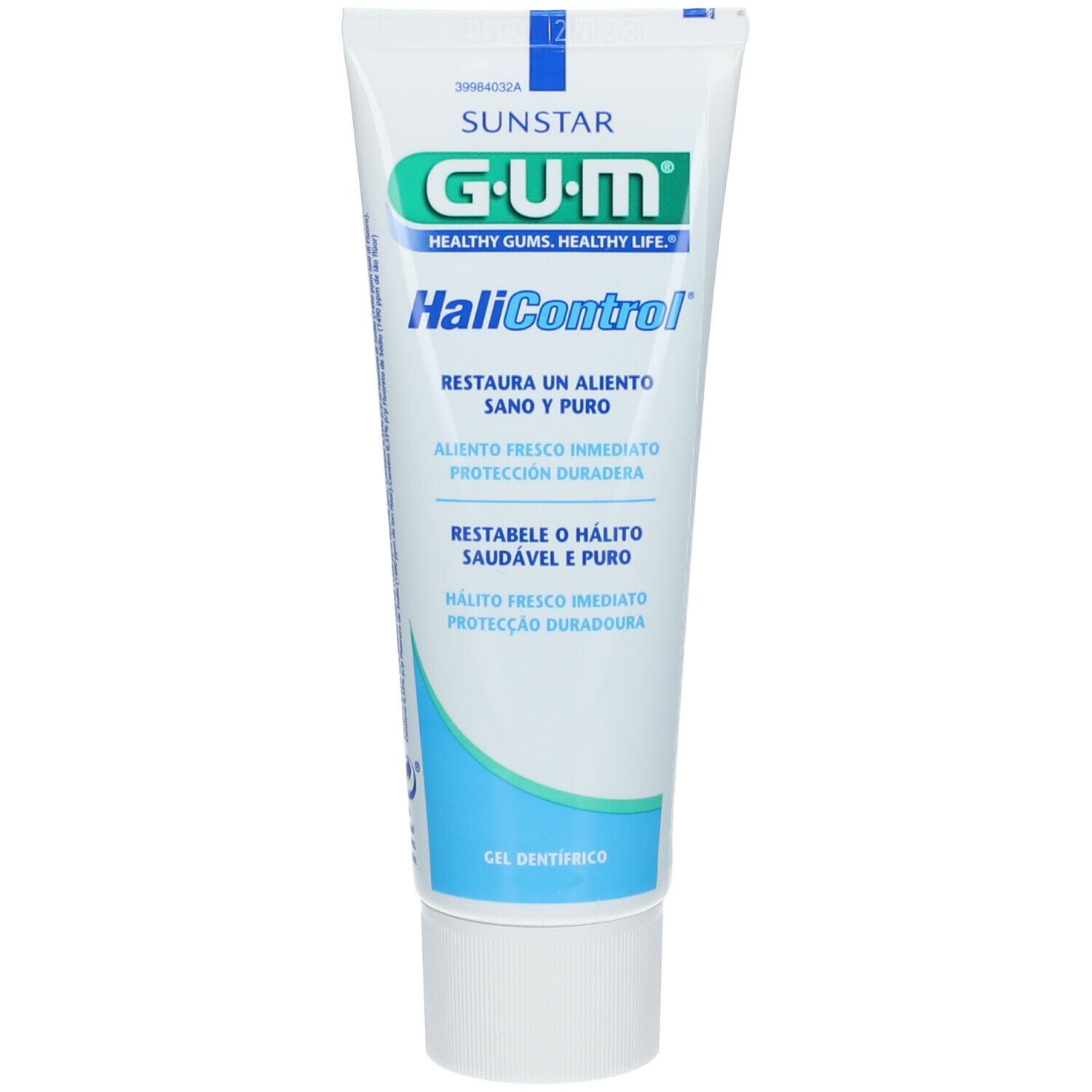 Tubo di dentifricio G.U.M. HaliControl. Bianco con dettagli blu. Testo: Restaura un aliento sano y puro, Gel dentífrico.