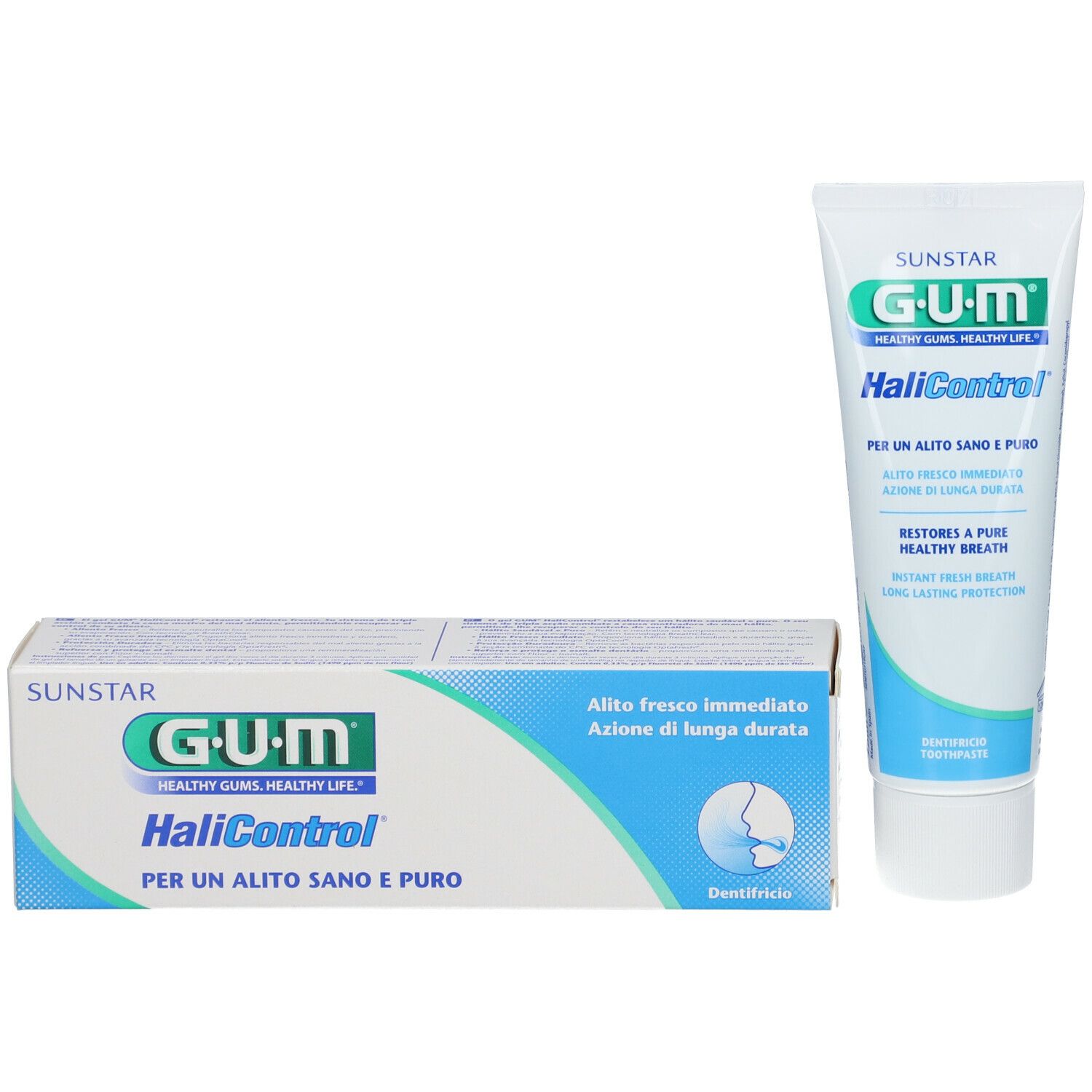 Dentifricio G.U.M. HaliControl e scatola. Scatola e tubo con design blu e bianco. Testo: Alito fresco immediato.