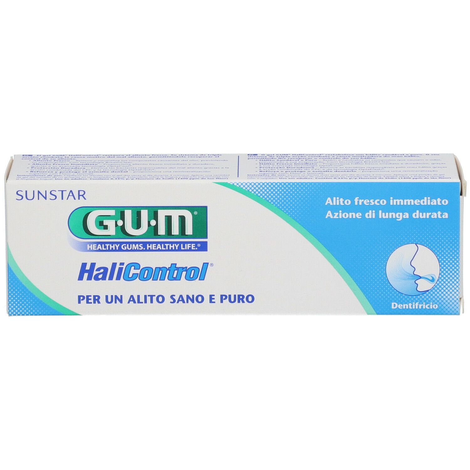 Scatola di dentifricio G.U.M. HaliControl. Design blu e bianco. Testo: Alito fresco immediato, Azione di lunga durata, Dentifricio.