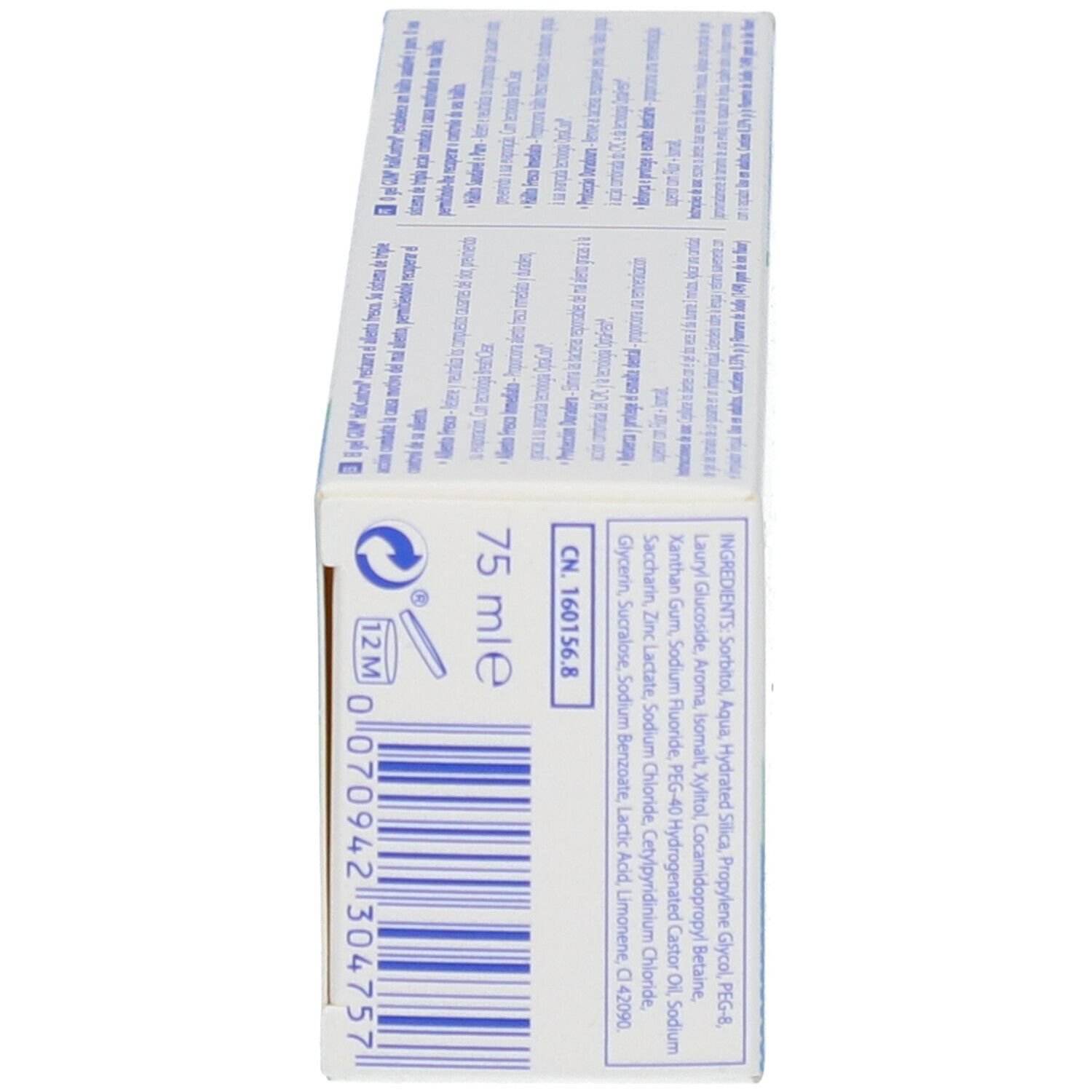 Retro della scatola del dentifricio G.U.M. HaliControl. Contiene ingredienti e informazioni. Testo: 75 ml e, CN 160156.8.