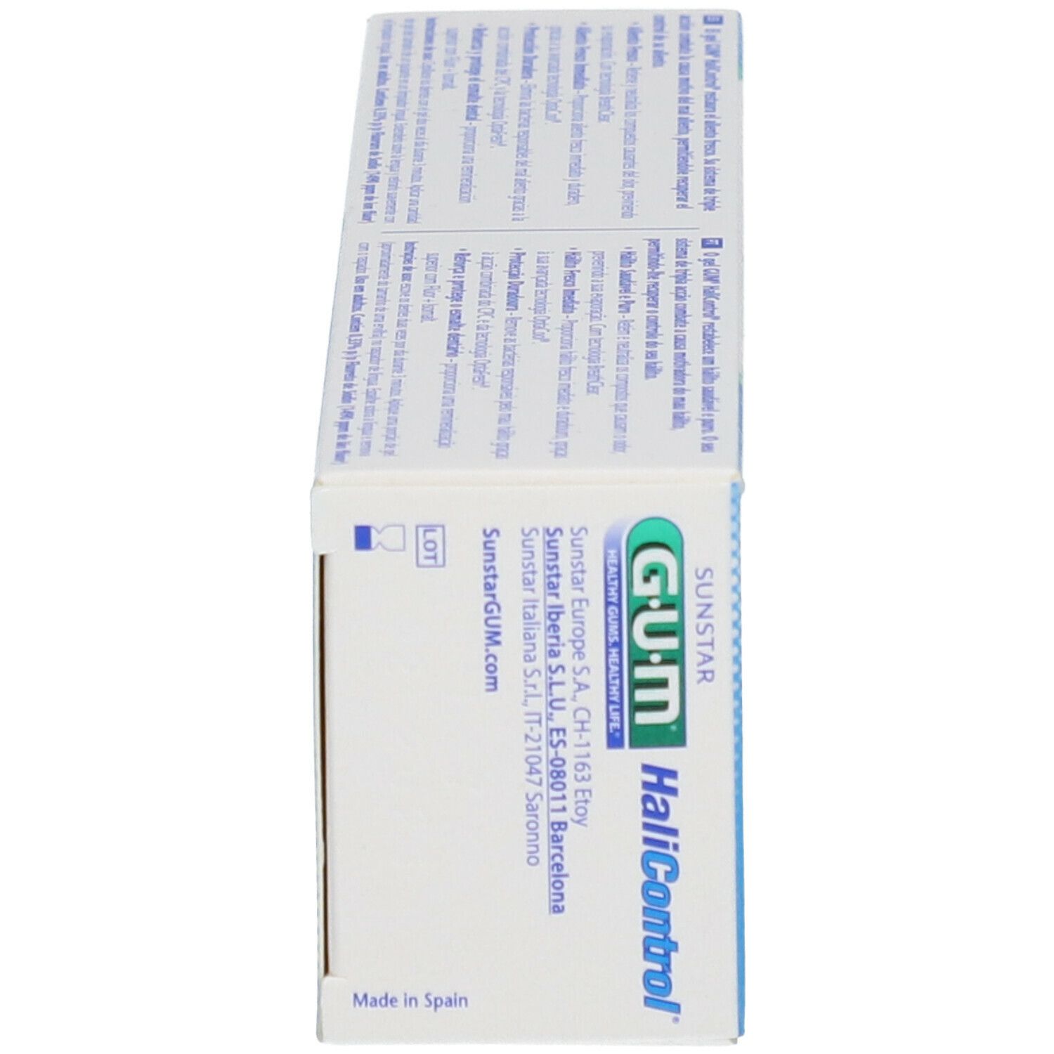 Lato della scatola del dentifricio G.U.M. HaliControl. Contiene informazioni. Testo: Sunstar, SunstarGUM.com, Made in Spain.