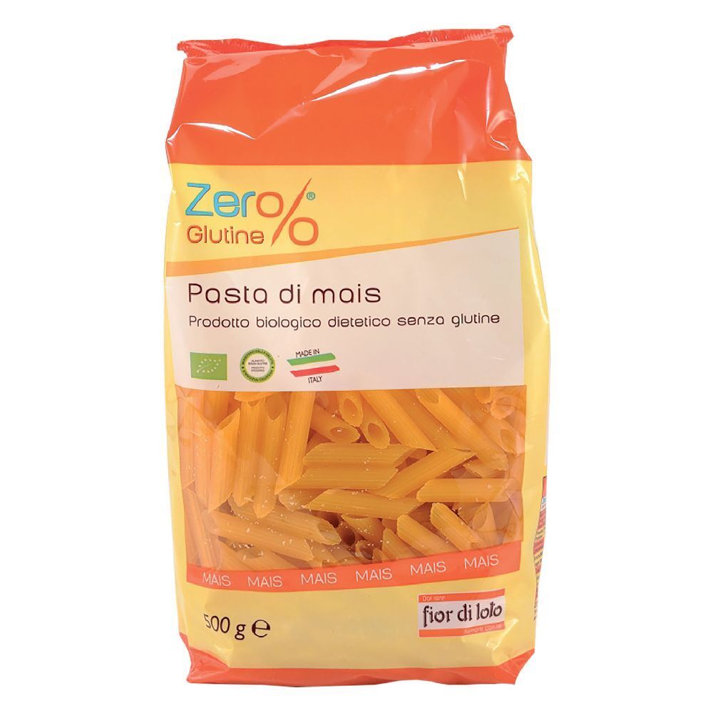 Confezione di pasta penne di mais. Scritta: Zero Glutine, Pasta di mais, 500g. Con sigilli italiano e biologico.