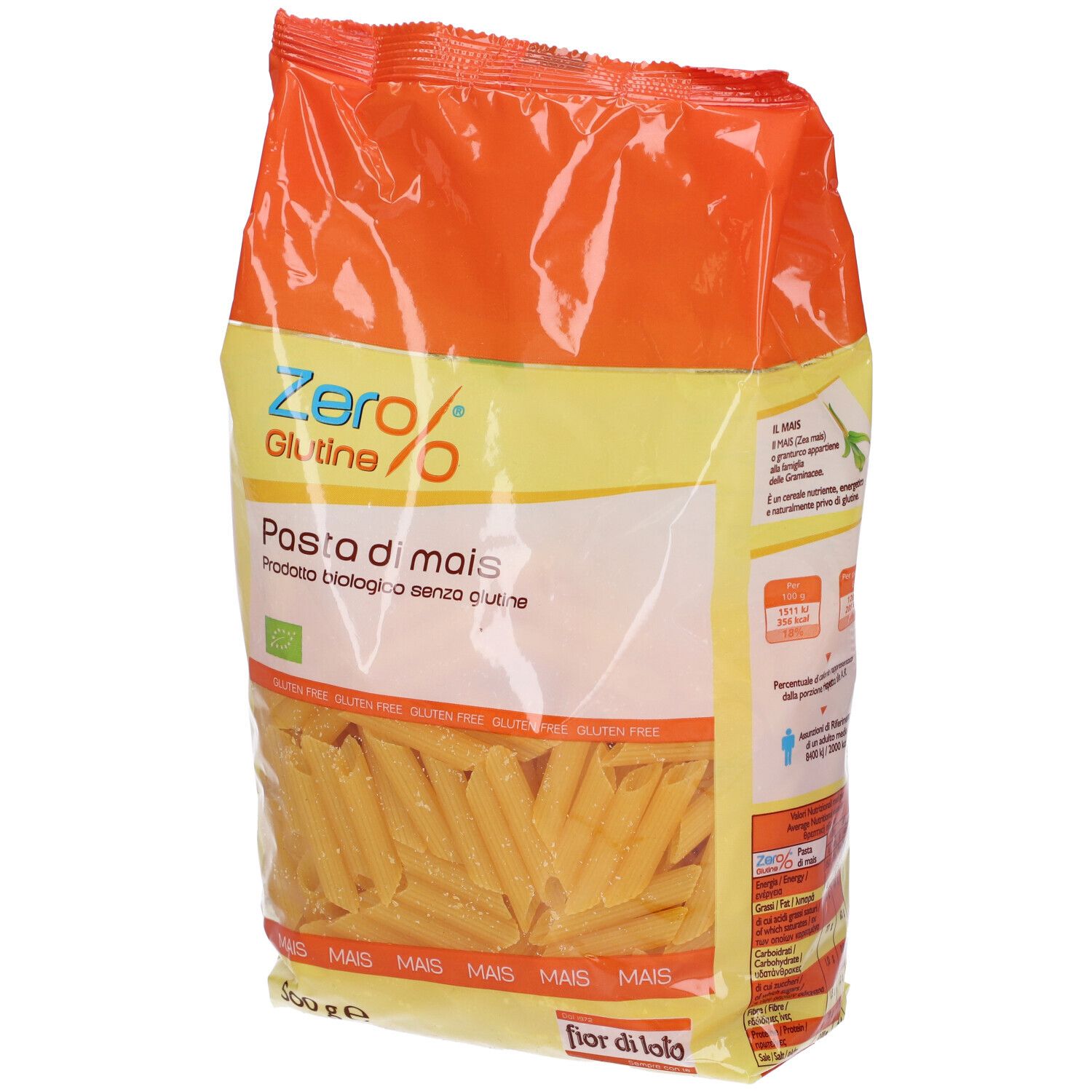 Confezione di pasta penne di mais. Scritta: Zero Glutine, Pasta di mais, 500g. Con sigilli italiano e biologico.