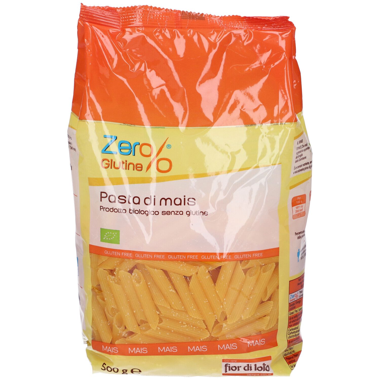 Confezione di pasta penne di mais. Scritta: Zero Glutine, Pasta di mais, 500g. Con sigilli italiano e biologico.