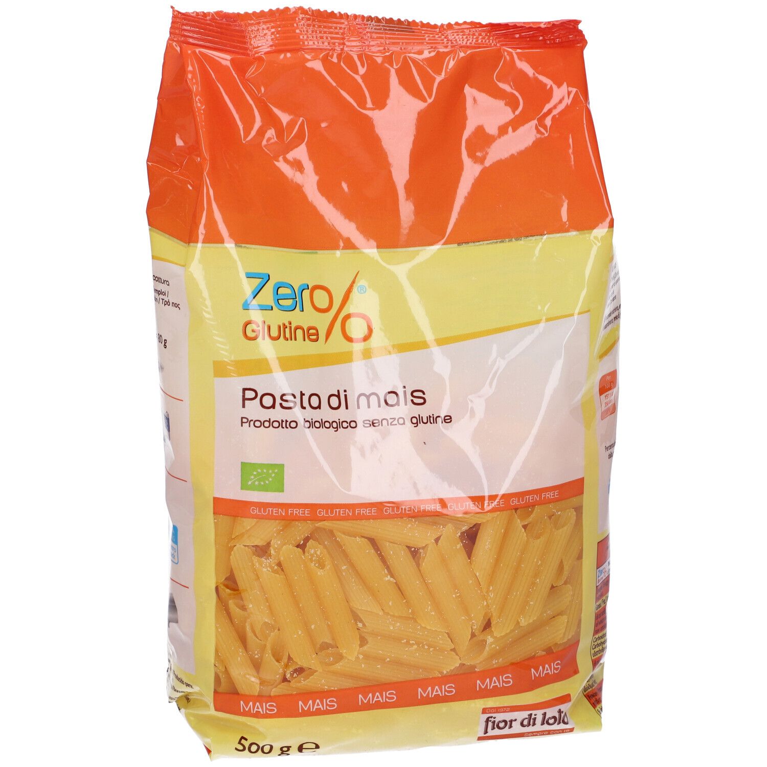 Confezione di pasta penne di mais. Scritta: Zero Glutine, Pasta di mais, 500g. Con sigilli italiano e biologico.