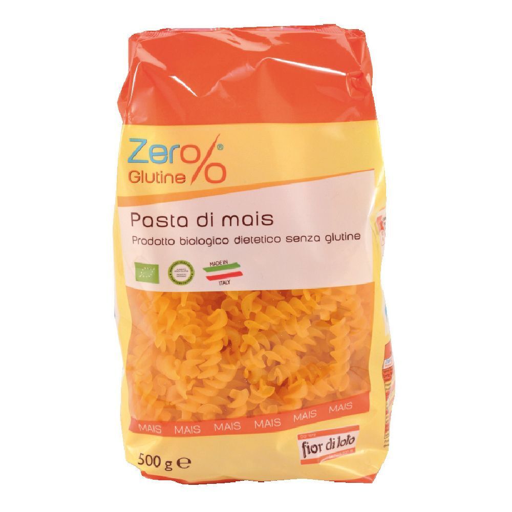 Confezione di pasta fusilli di mais. Scritta: Zero% Glutine, Pasta di mais, 500 g. Con sigilli italiani e bio.