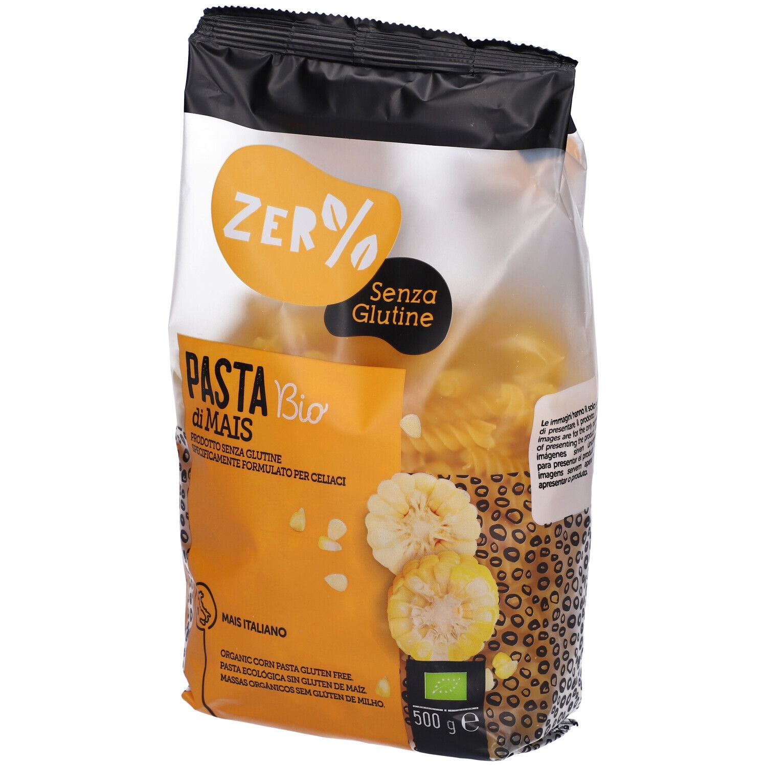 Confezione di pasta fusilli di mais. Scritta: Zero% Glutine, Pasta di mais Bio, 500 g. Illustrazione di mais.