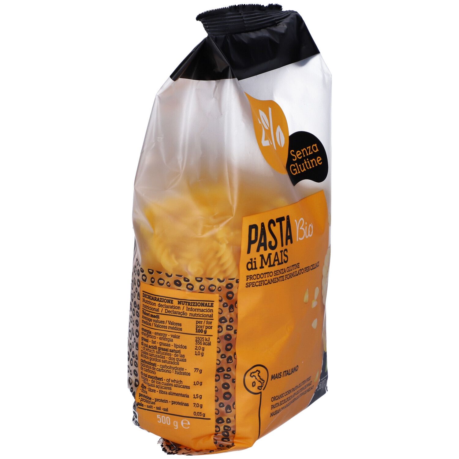 Confezione di pasta fusilli di mais. Scritta: Zero% Glutine, Pasta di mais Bio, 500 g. Vista posteriore con informazioni nutrizionali.