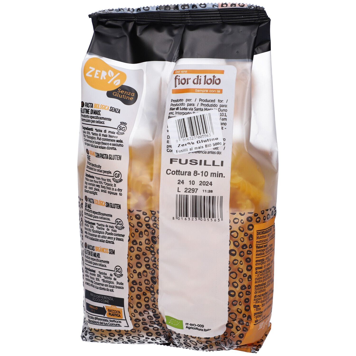 Confezione di pasta fusilli di mais. Scritta: Zero% Glutine, Pasta di mais Bio, 500 g. Retro con tempo di cottura.