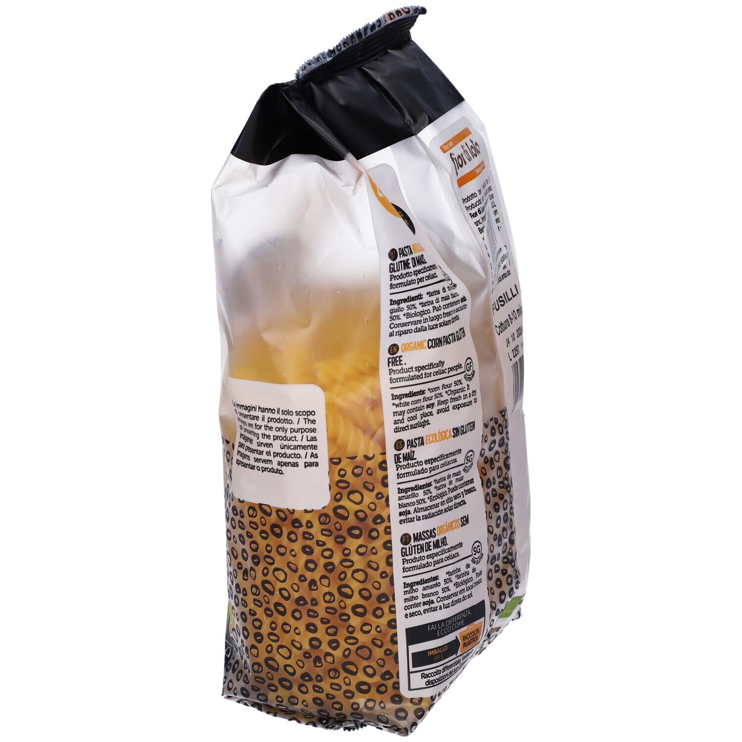 Confezione di pasta fusilli di mais. Scritta: Zero% Glutine, Pasta di mais Bio, 500 g. Vista laterale con testo.