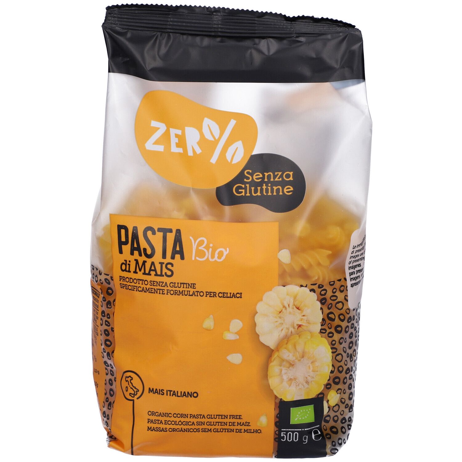 Confezione di pasta fusilli di mais. Scritta: Zero% Glutine, Pasta di mais Bio, 500 g. Illustrazione di mais.
