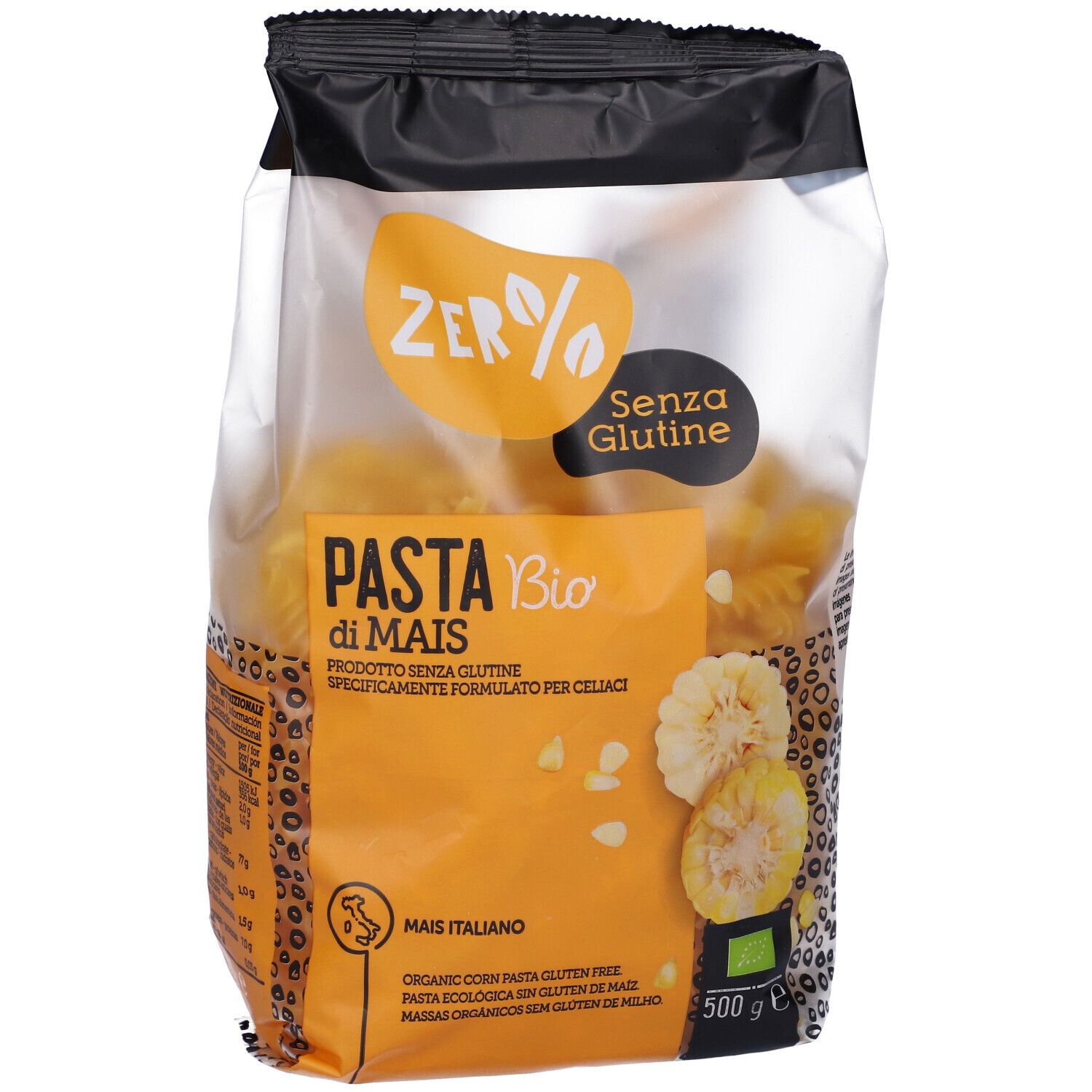 Confezione di pasta fusilli di mais. Scritta: Zero% Glutine, Pasta di mais Bio, 500 g. Illustrazione di mais.