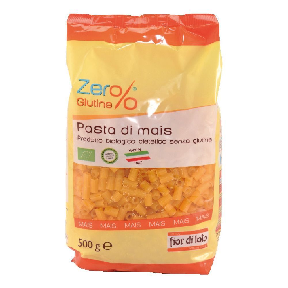 Confezione gialla di pasta di mais. Scritta: Zero% Glutine, Pasta di mais, 500g. Certificazione bio. Forma Ditalini.