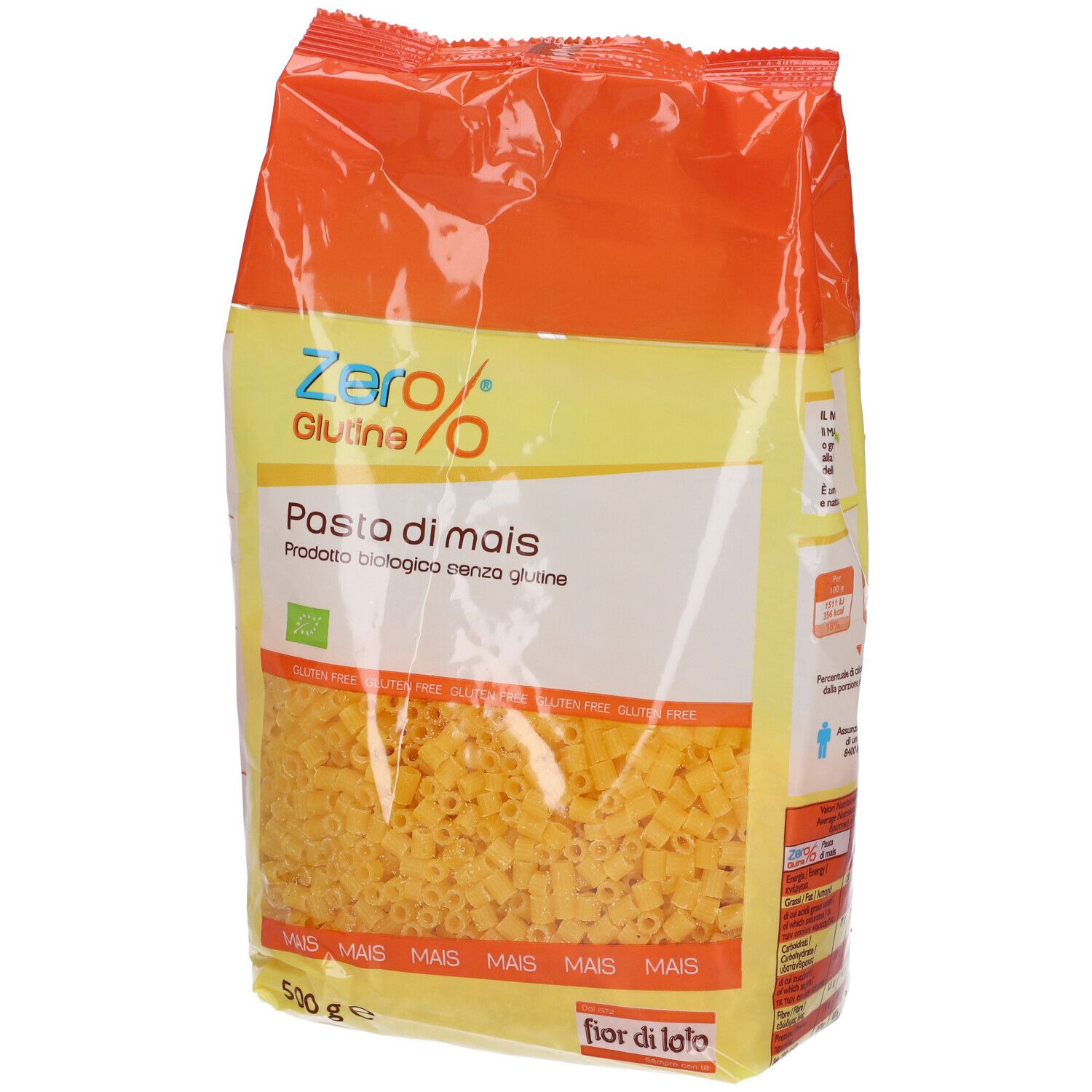 Confezione gialla di pasta di mais. Scritta: Zero% Glutine, Pasta di mais, 500g. Certificazione bio. Forma Ditalini.