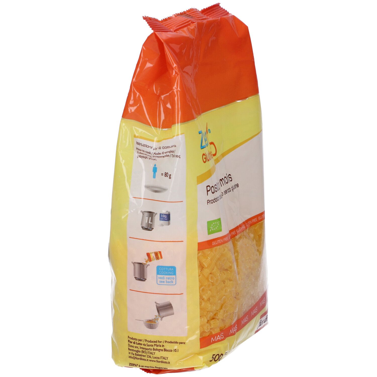 Retro della confezione gialla di pasta di mais. Istruzioni di cottura, certificazione bio. Scritta: Zero% Glutine, Pasta di mais.