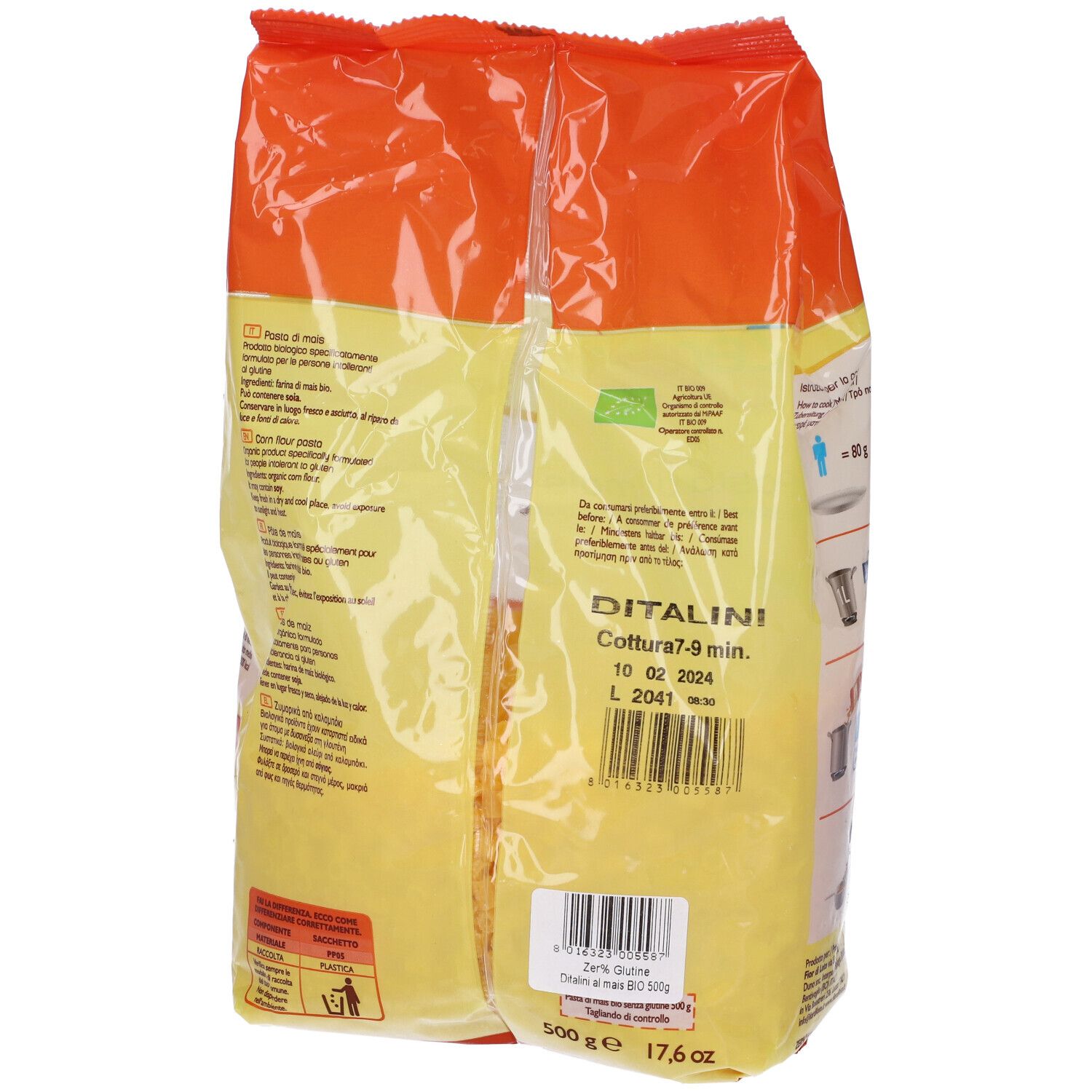 Due confezioni gialle di pasta di mais affiancate. Scritta: Zero% Glutine, Ditalini, 500g. Codice a barre e tempo di cottura.
