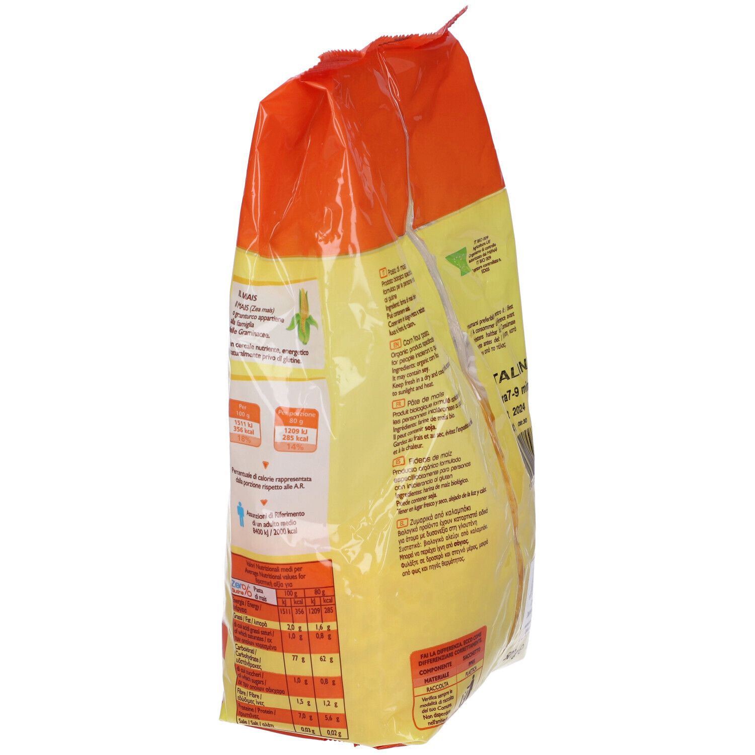 Retro della confezione gialla di pasta di mais. Istruzioni di cottura, informazioni nutrizionali. Scritta: Zero% Glutine, Pasta di mais.