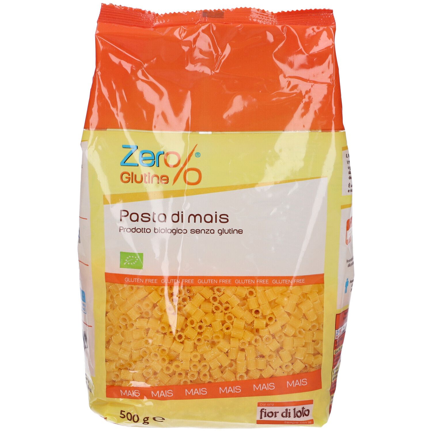 Confezione gialla di pasta di mais. Scritta: Zero% Glutine, Pasta di mais, 500g. Certificazione bio. Forma Ditalini.