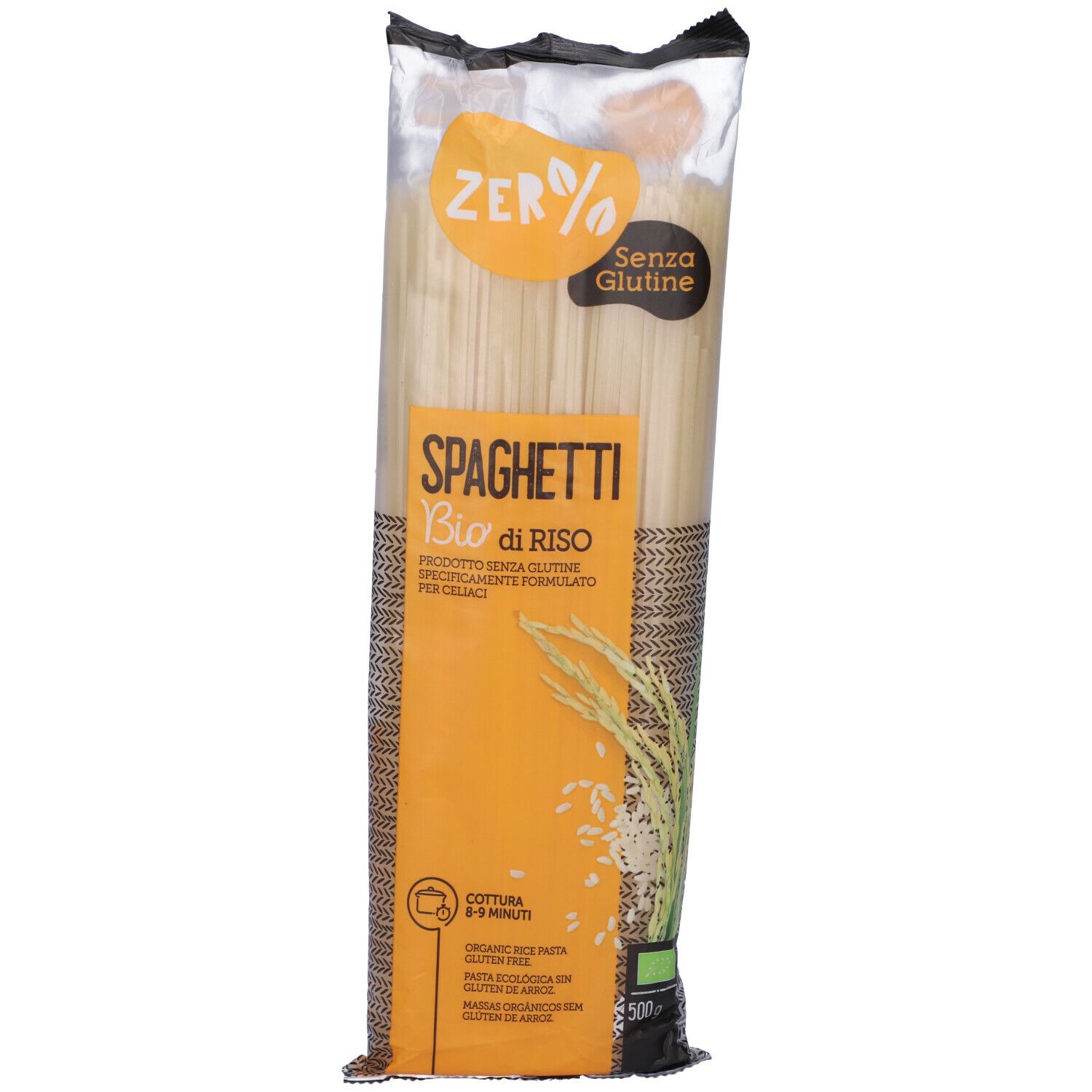 Confezione spaghetti Pasta Di Riso senza glutine. Visibile: "Zero%", "Senza Glutine", "Spaghetti", "Bio di Riso", cottura 8-9 minuti.