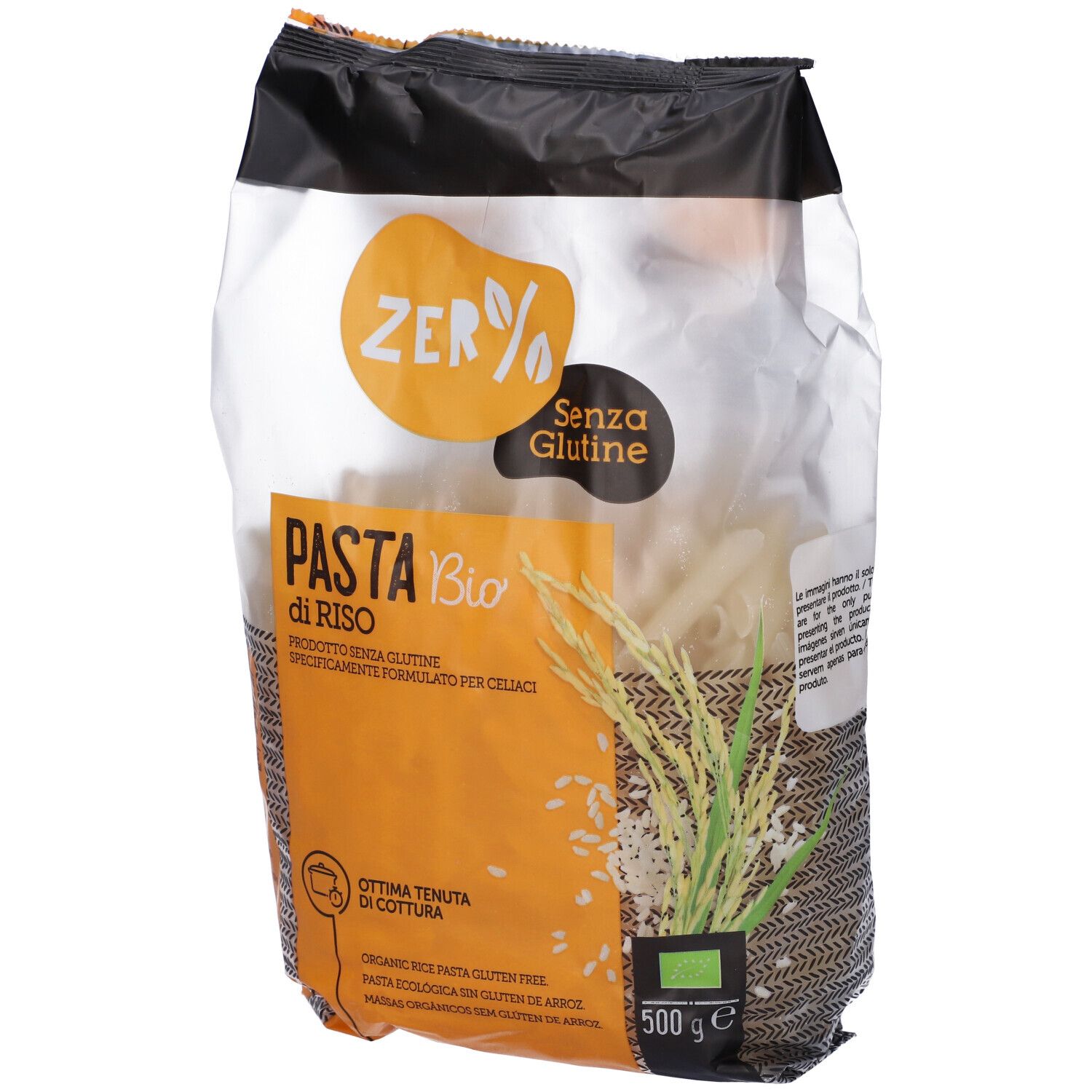 Confezione di pasta penne di riso. Scritta: Zero% Glutine, Pasta di riso Bio, senza glutine. 500g. Con pianta di riso.