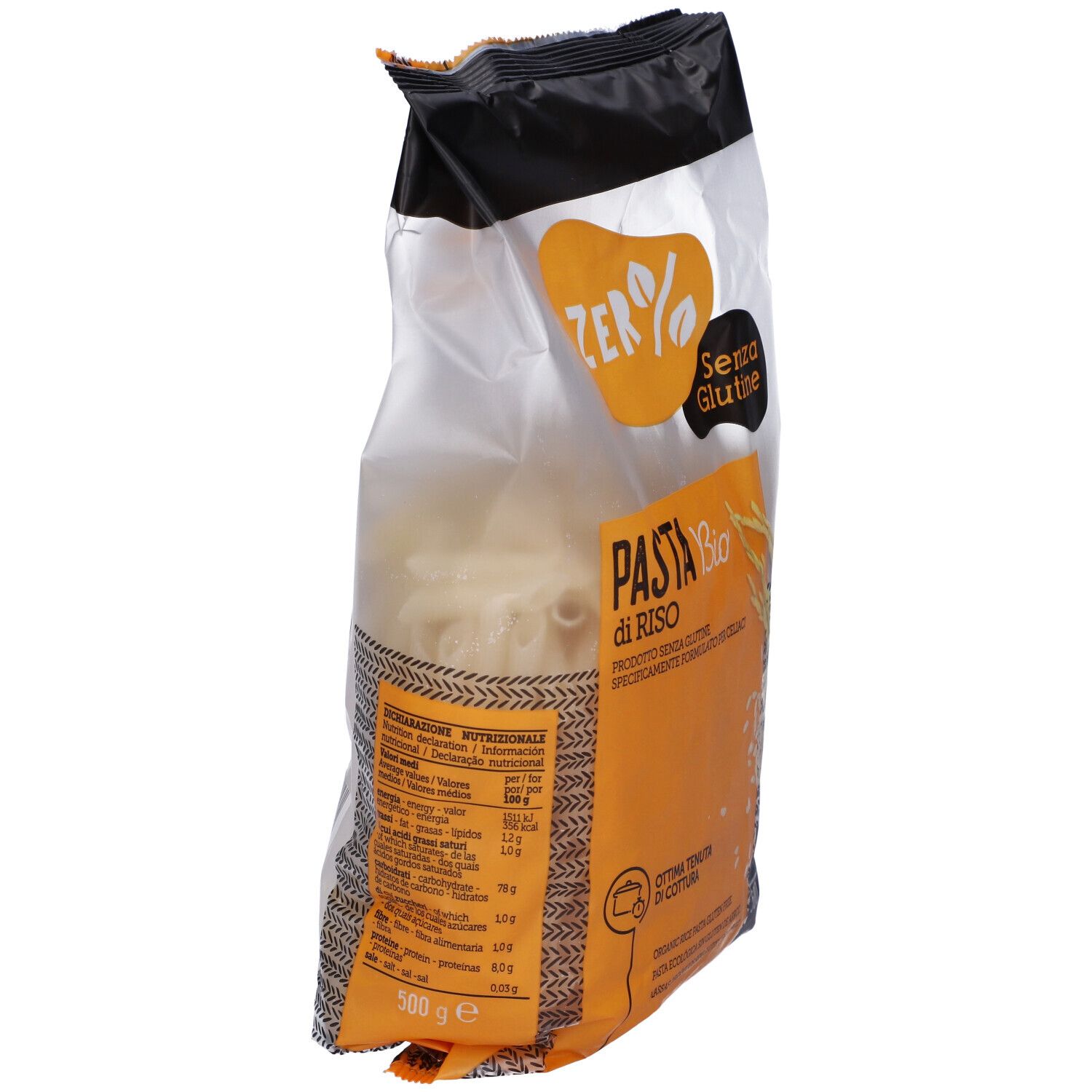 Confezione di pasta penne di riso. Scritta: Zero% Glutine, Pasta di riso Bio, senza glutine. 500g. Con pianta di riso.