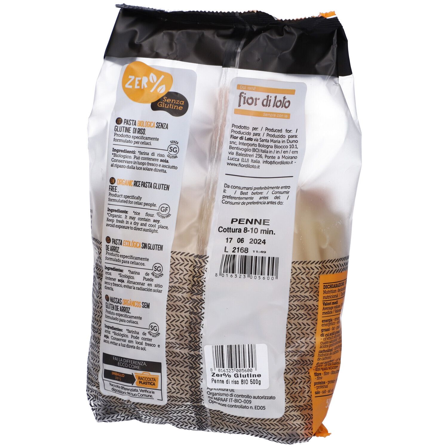 Retro della confezione di pasta penne di riso. Scritta: Zero% Glutine, Pasta di riso Bio, senza glutine. 500g.