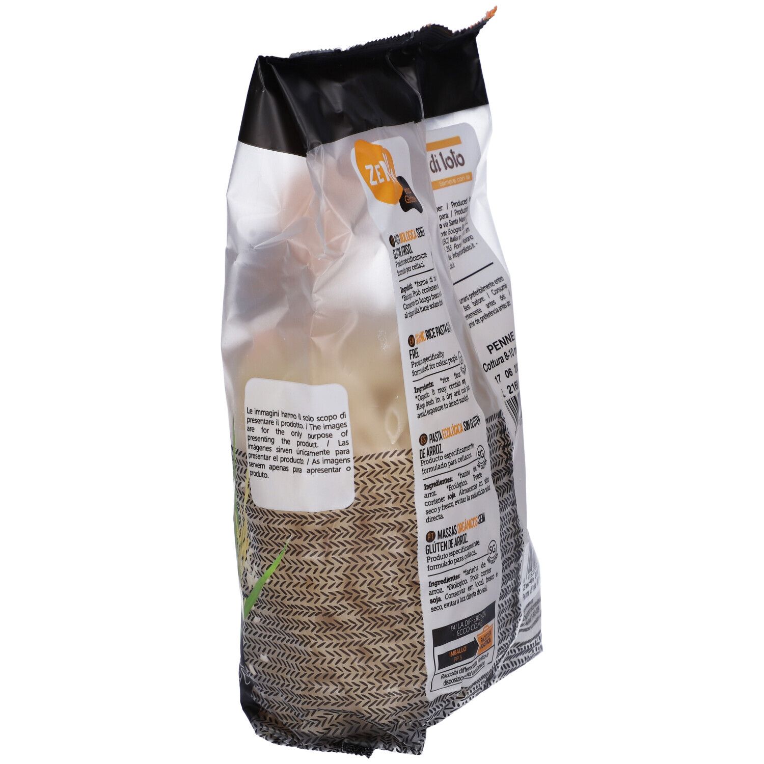 Vista laterale della confezione di pasta penne di riso. Scritta: Zero% Glutine, Pasta di riso Bio, senza glutine. 500g.
