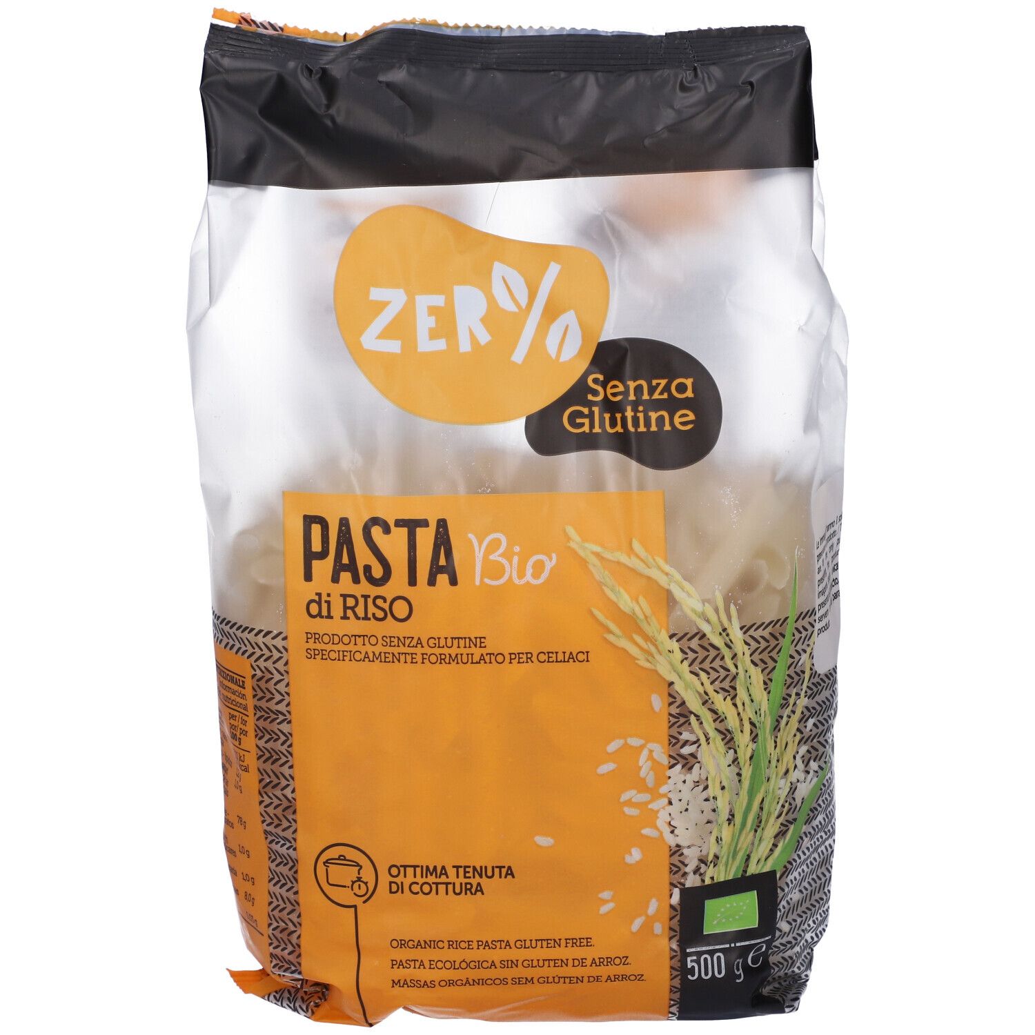 Vista laterale della confezione di pasta penne di riso. Scritta: Zero% Glutine, Pasta di riso Bio, senza glutine. 500g.