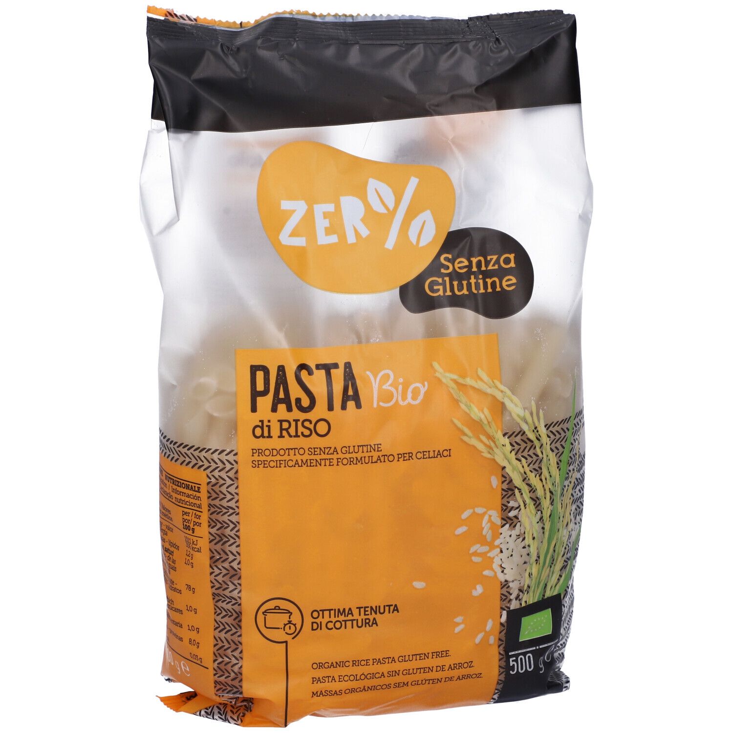 Confezione di pasta penne di riso. Scritta: Zero% Glutine, Pasta di riso Bio, senza glutine. 500g. Con pianta di riso.