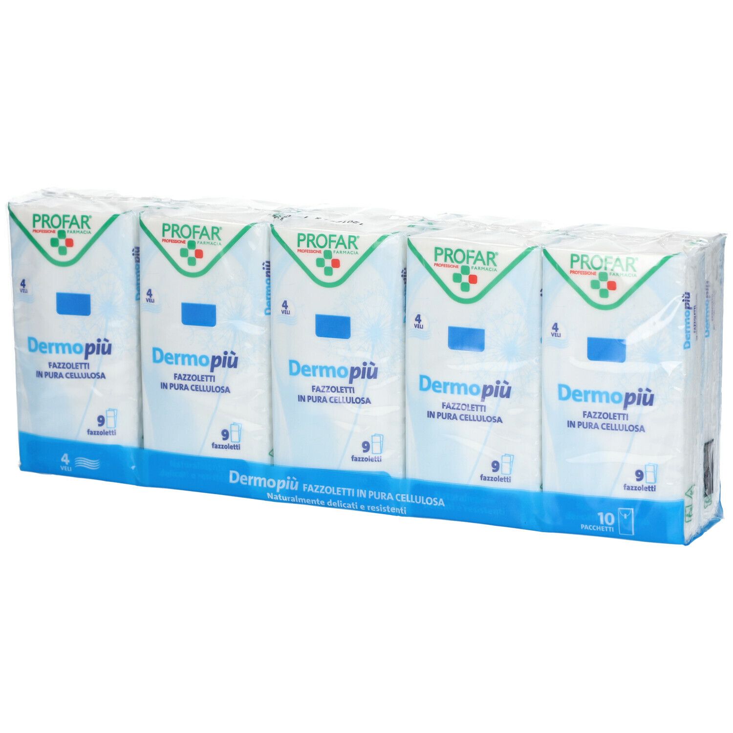 Confezione di cinque pacchetti di fazzoletti. Ogni pacchetto contiene 9 fazzoletti. Marchio PROFAR, prodotto Dermo più.
