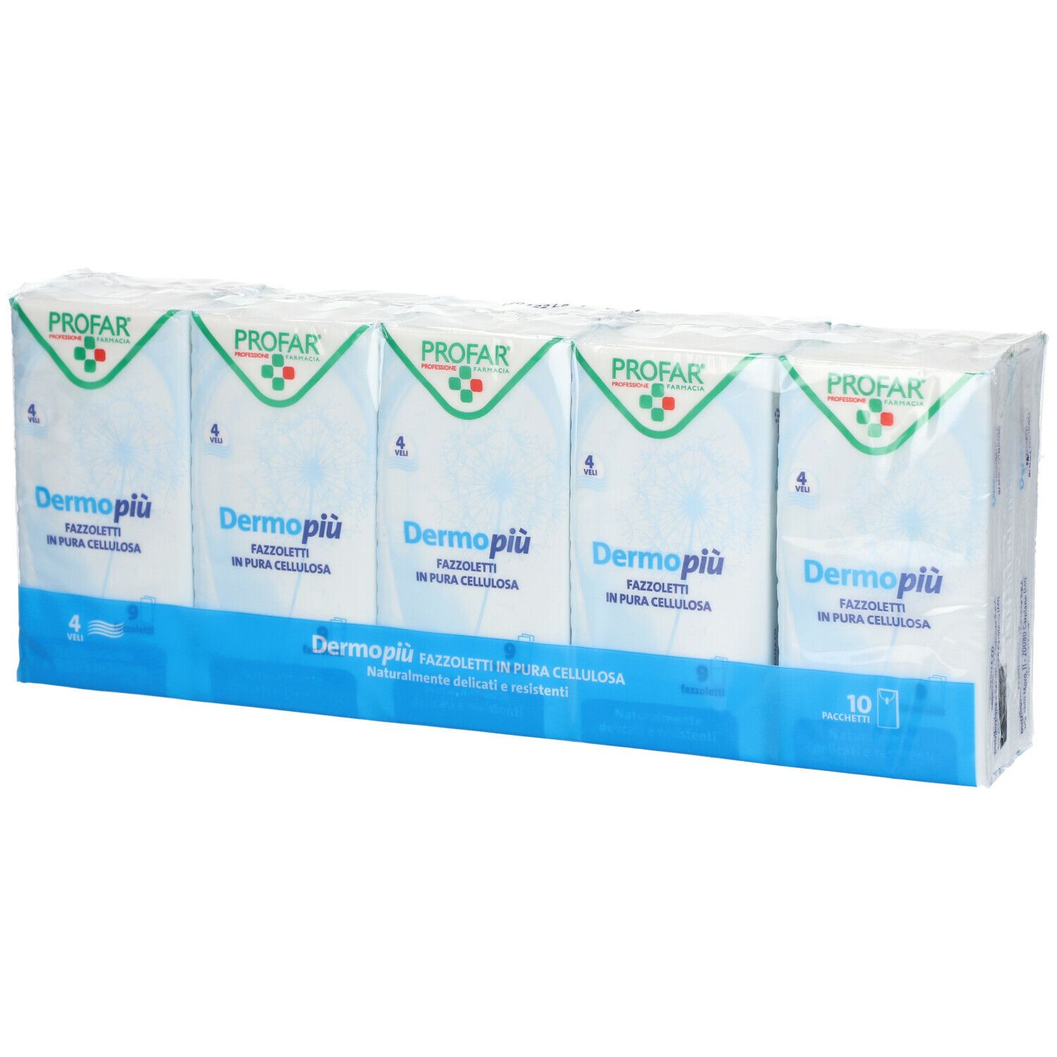 Confezione di cinque pacchetti di fazzoletti. Ogni pacchetto contiene 9 fazzoletti. Marchio PROFAR, prodotto Dermo più.