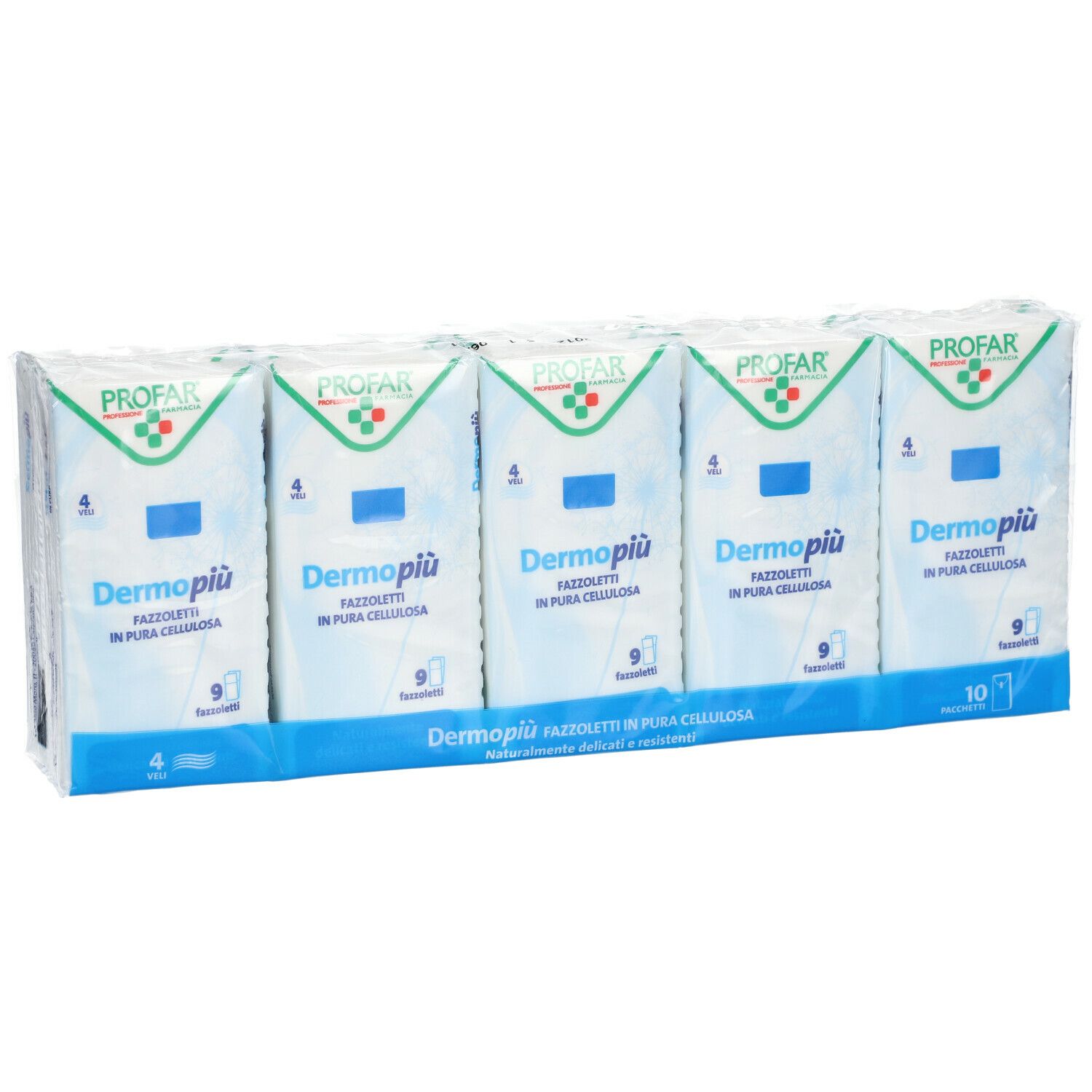 Confezione di cinque pacchetti di fazzoletti. Ogni pacchetto contiene 9 fazzoletti. Marchio PROFAR, prodotto Dermo più.