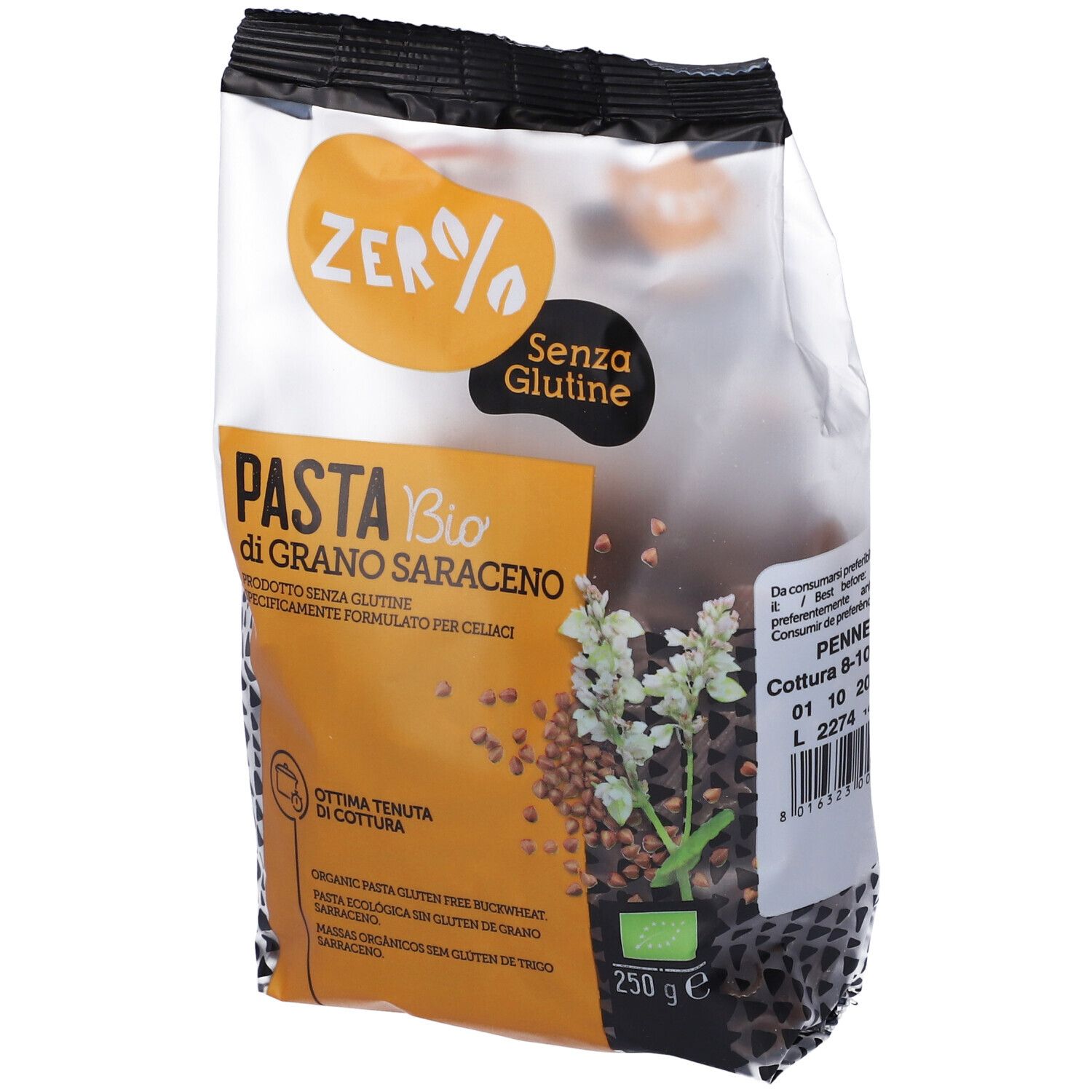 Confezione di penne senza glutine al grano saraceno. Logo 'Zero%', 'Senza Glutine'. 250g. Marchio bio. Illustrazione di grano saraceno.