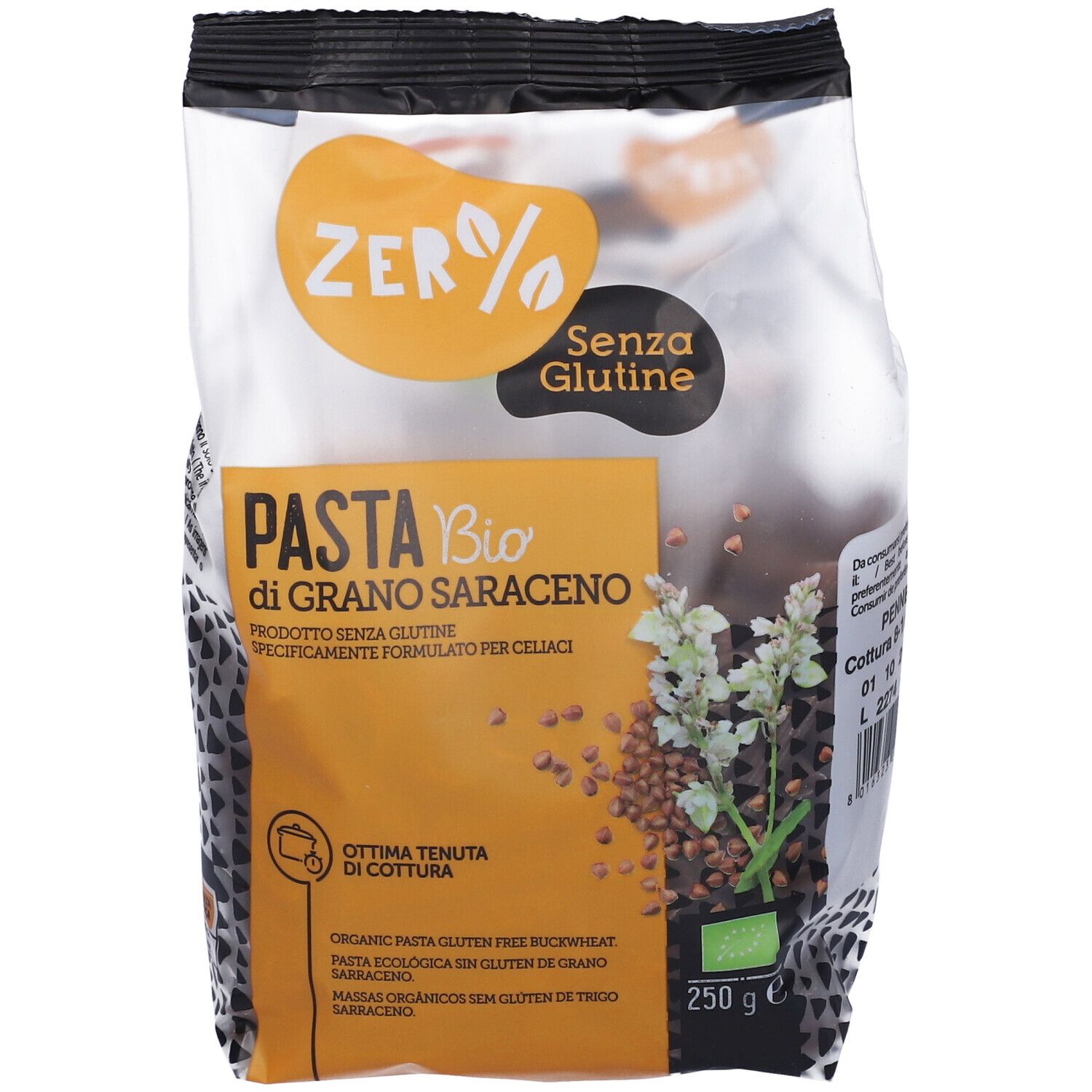 Confezione di penne senza glutine al grano saraceno. Logo 'Zero%', 'Senza Glutine'. 250g. Marchio bio. Illustrazione di grano saraceno.
